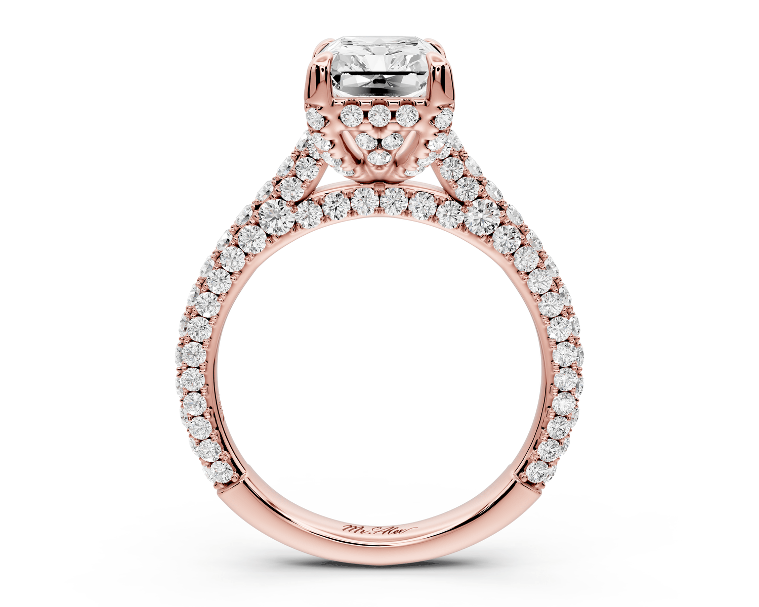 Bianca - 2ct 14k rose gold radiant Diamond hidden halo with a diamond crown and bridge rollover pave cathedral engagement ring - Mr. Alex Jewelry