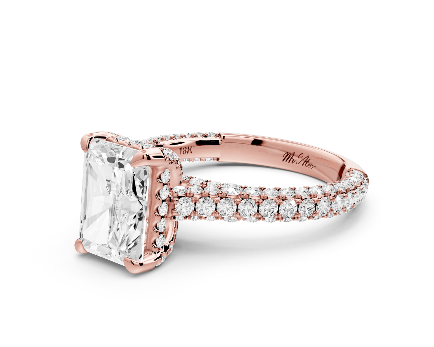 Bianca - 2ct 14k rose gold radiant Diamond hidden halo with a diamond crown and bridge rollover pave cathedral engagement ring - Mr. Alex Jewelry