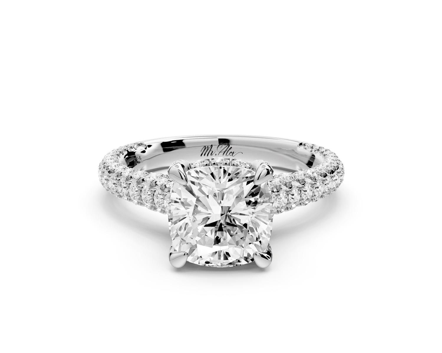 Bianca - 2ct 14k white gold cushion Diamond hidden halo with a diamond crown and bridge rollover pave cathedral engagement ring - Mr. Alex Jewelry