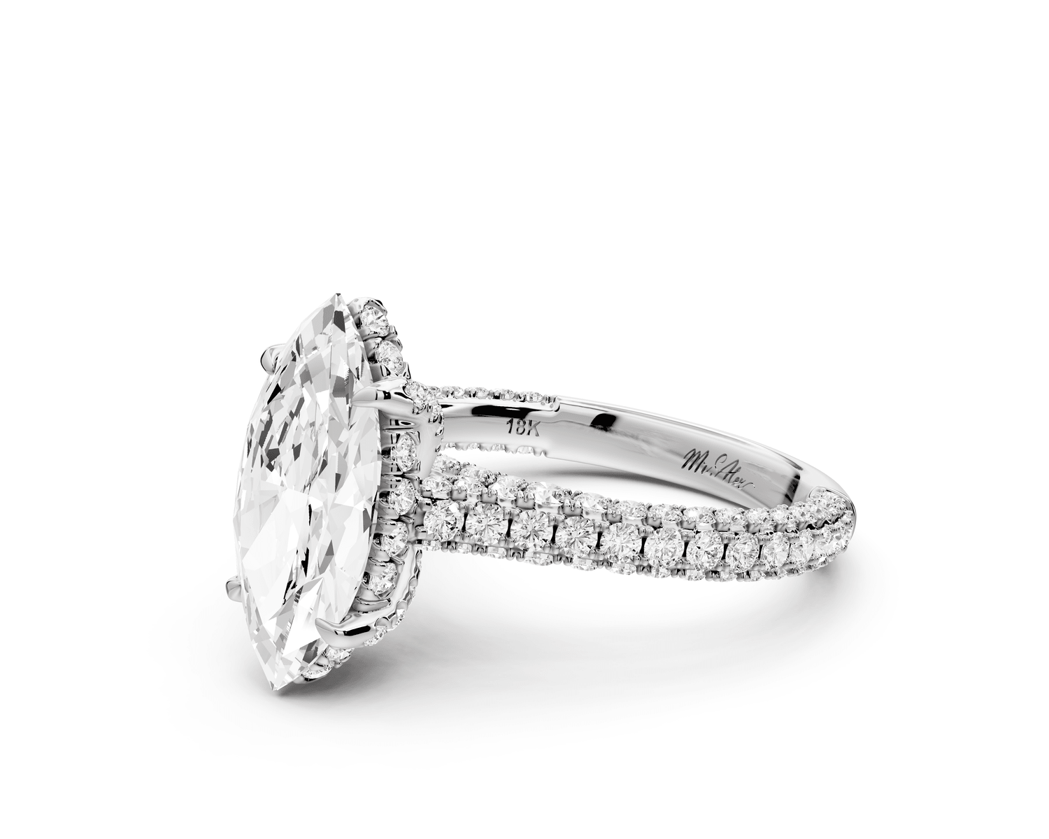 Bianca - 2ct 14k white gold marquise Diamond hidden halo with a diamond crown and bridge rollover pave cathedral engagement ring - Mr. Alex Jewelry
