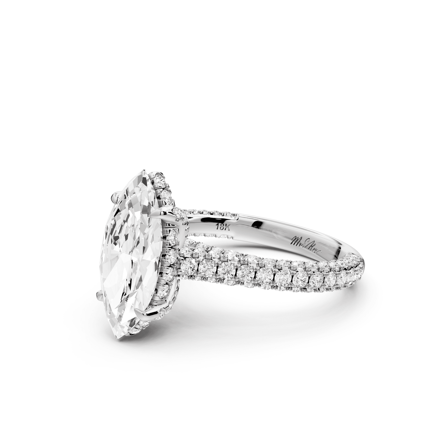 Bianca - 2ct 14k white gold marquise Diamond hidden halo with a diamond crown and bridge rollover pave cathedral engagement ring - Mr. Alex Jewelry