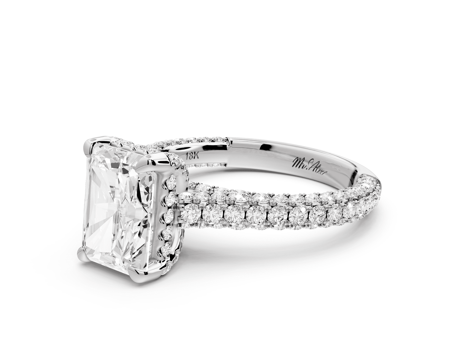 Bianca - 2ct 14k white gold radiant Diamond hidden halo with a diamond crown and bridge rollover pave cathedral engagement ring - Mr. Alex Jewelry