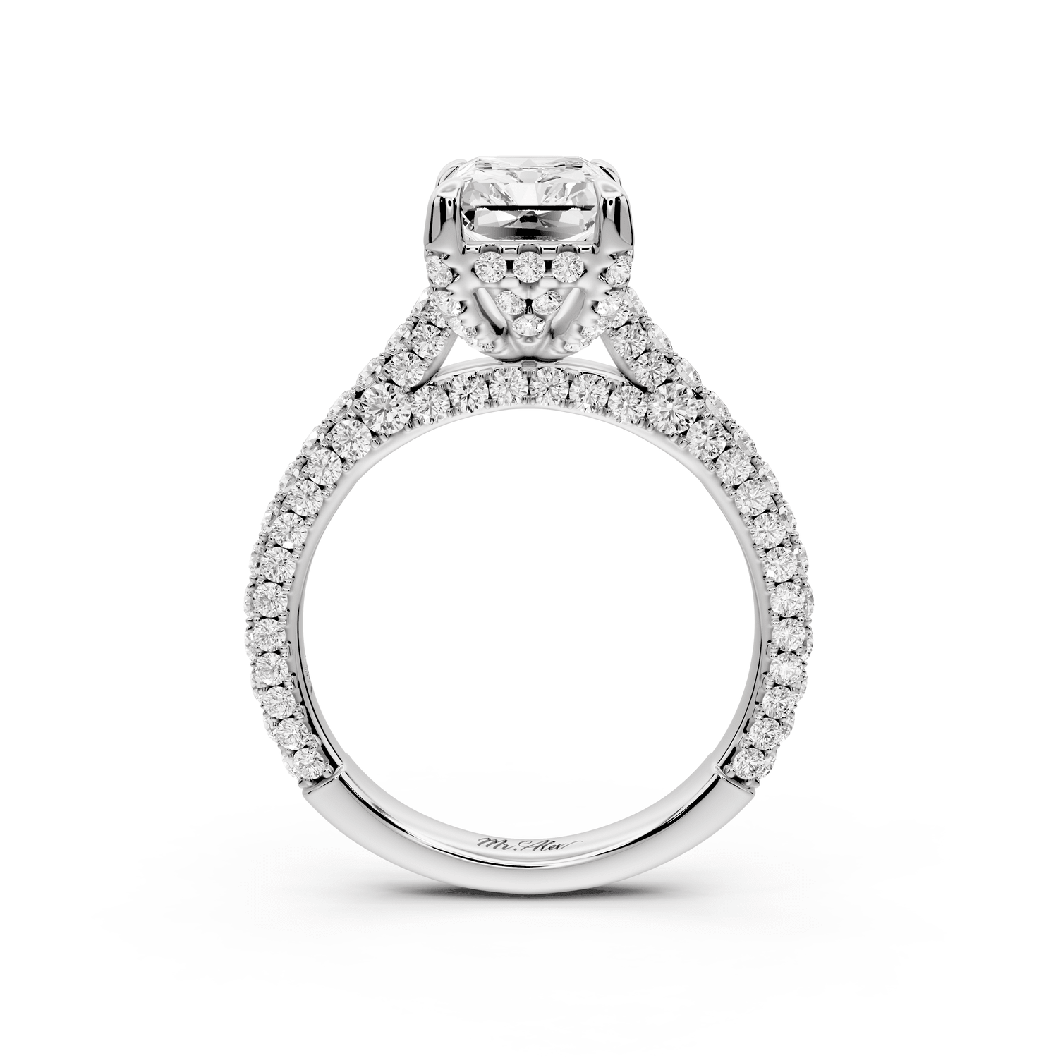 Bianca - 2ct 14k white gold radiant Diamond hidden halo with a diamond crown and bridge rollover pave cathedral engagement ring - Mr. Alex Jewelry