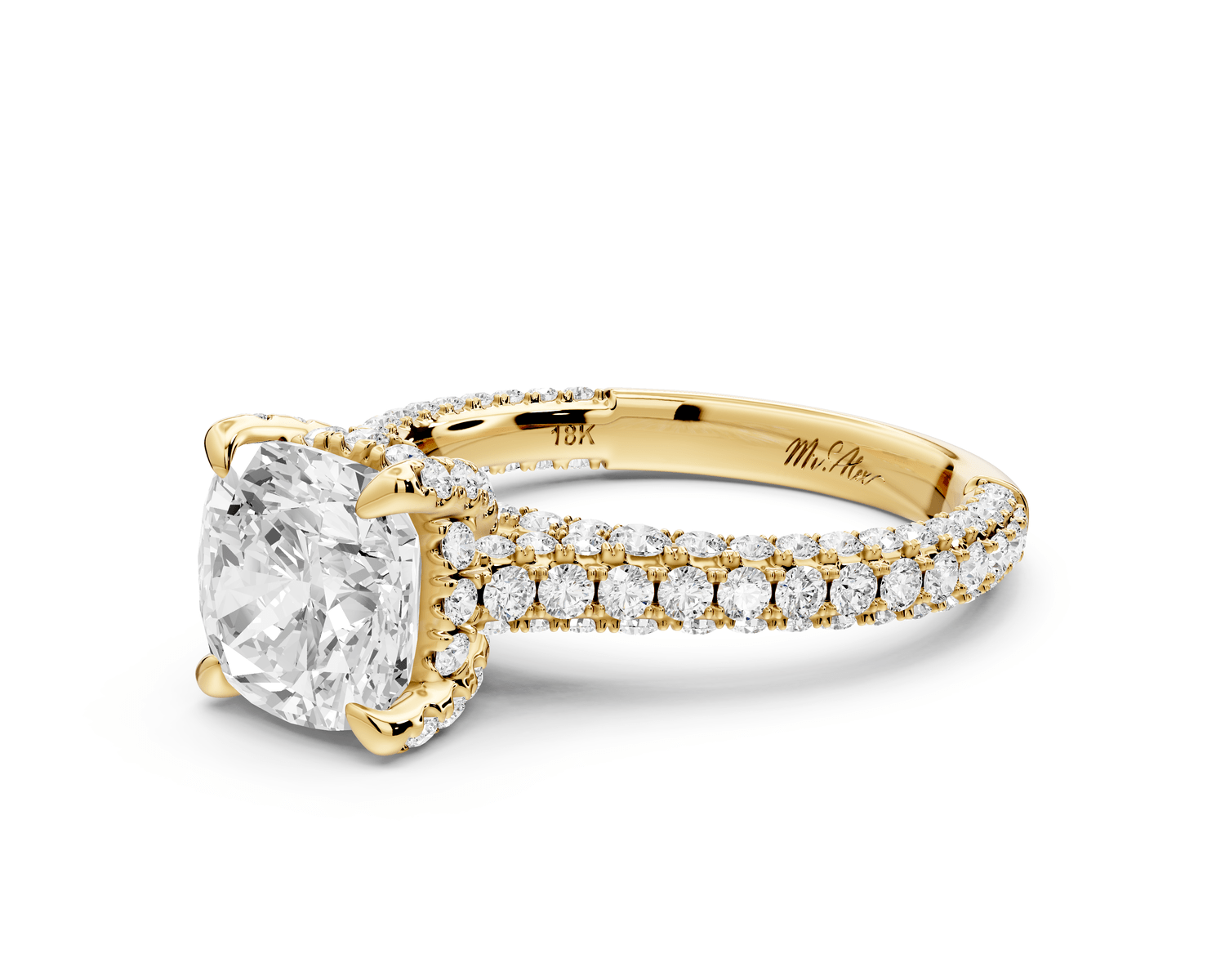 Bianca - 2ct 14k yellow gold cushion Diamond hidden halo with a diamond crown and bridge rollover pave cathedral engagement ring - Mr. Alex Jewelry