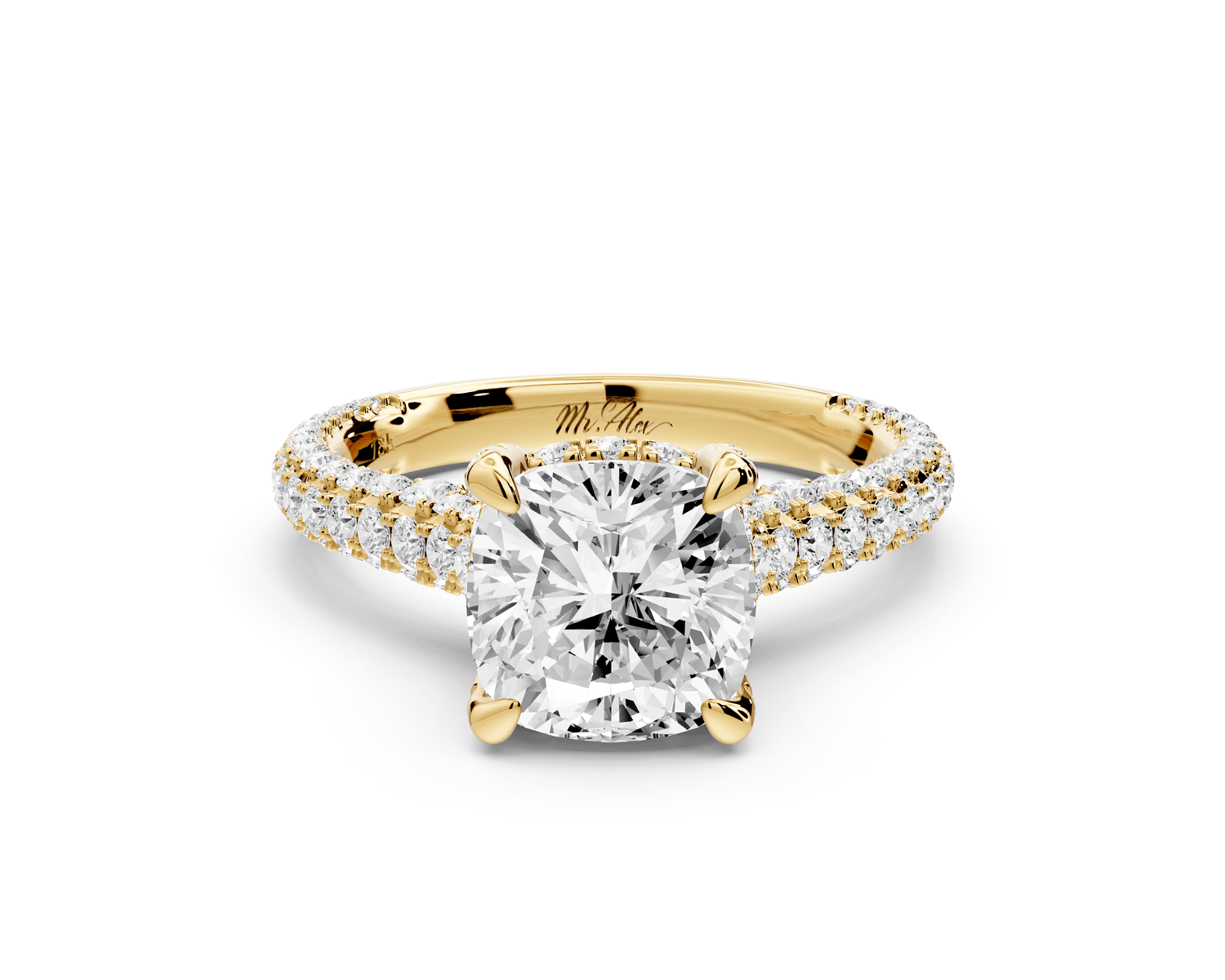 Bianca - 2ct 14k yellow gold cushion Diamond hidden halo with a diamond crown and bridge rollover pave cathedral engagement ring - Mr. Alex Jewelry