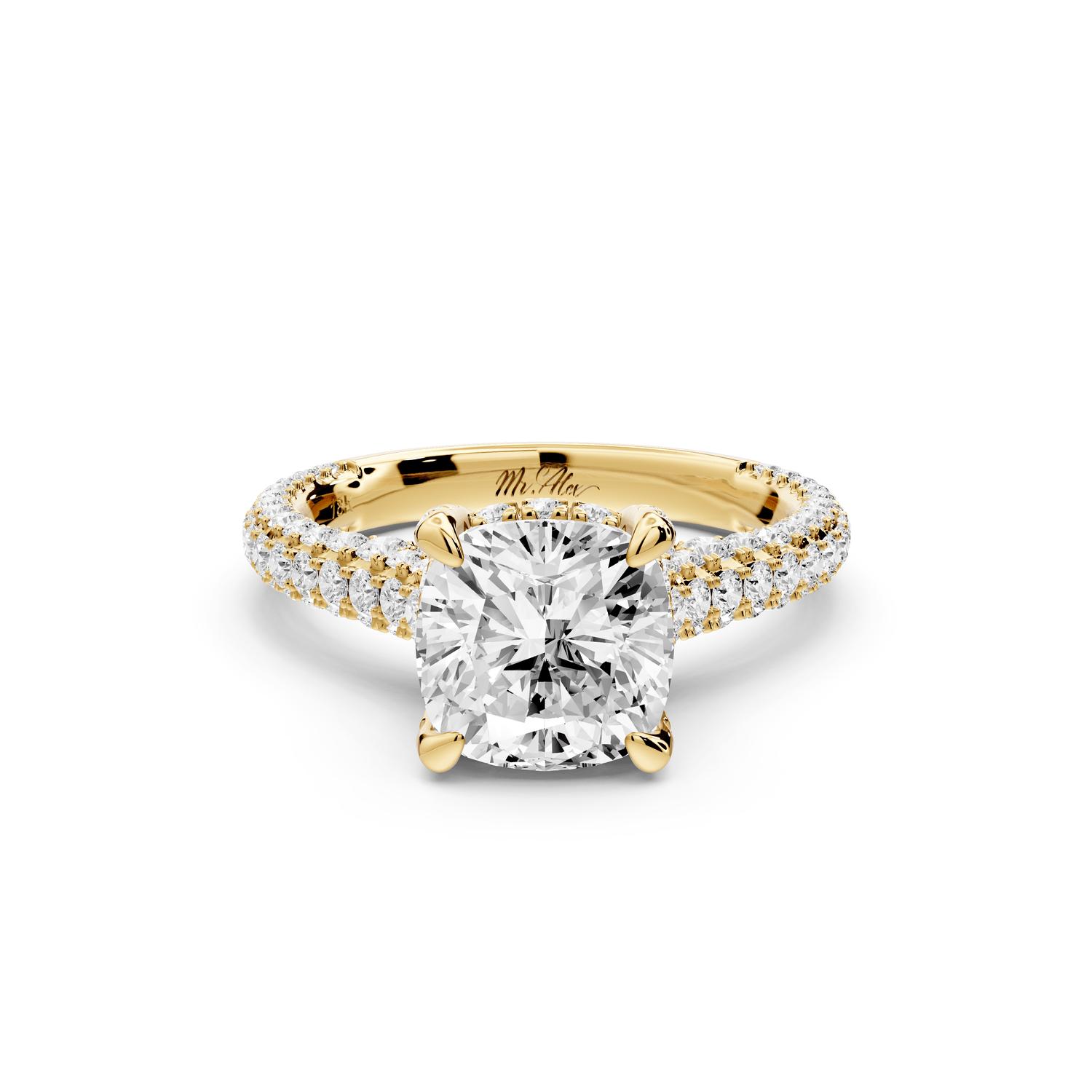 Bianca - 2ct 14k yellow gold cushion Diamond hidden halo with a diamond crown and bridge rollover pave cathedral engagement ring - Mr. Alex Jewelry