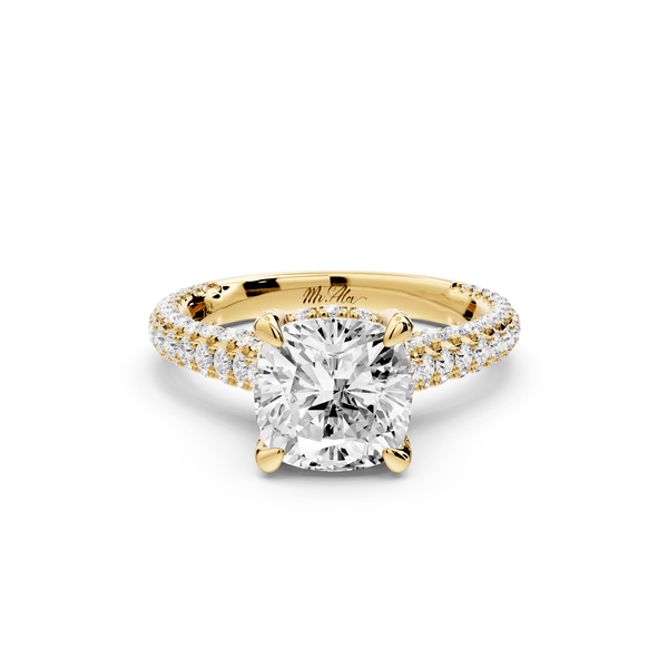Bianca - 2ct 14k yellow gold cushion Diamond hidden halo with a diamond crown and bridge rollover pave cathedral engagement ring - Mr. Alex Jewelry