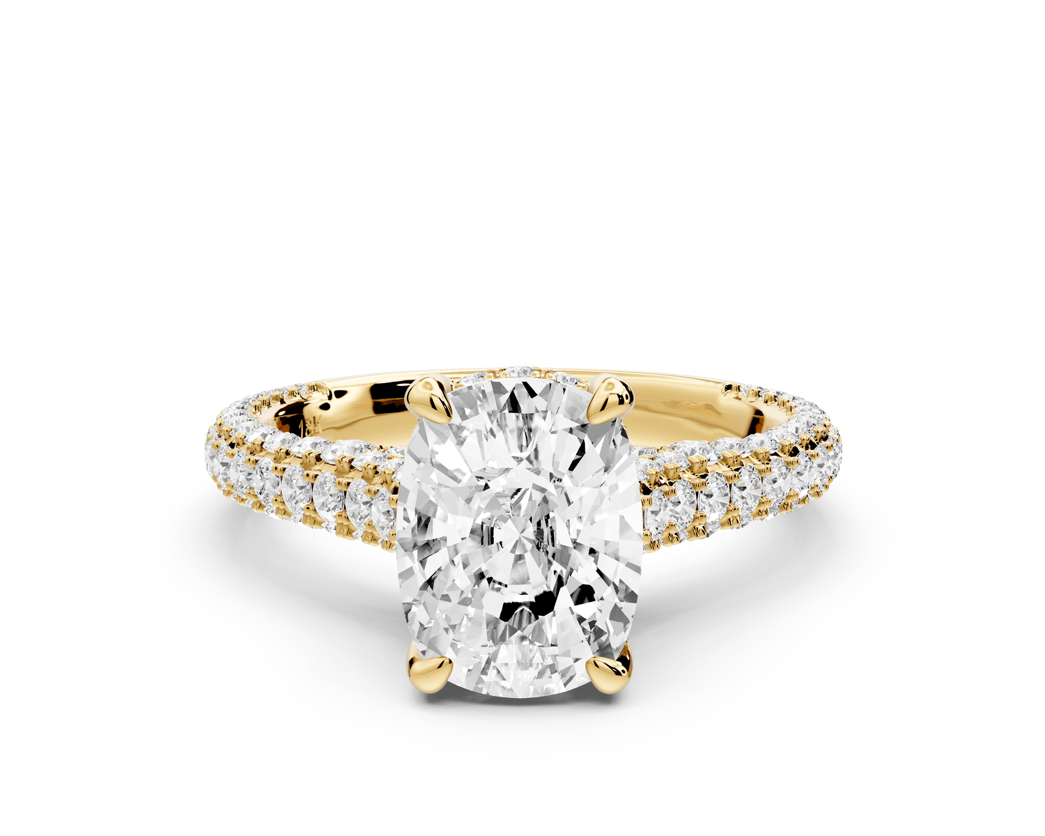 Bianca - 2ct 14k yellow gold ecushion Diamond hidden halo with a diamond crown and bridge rollover pave cathedral engagement ring - Mr. Alex Jewelry