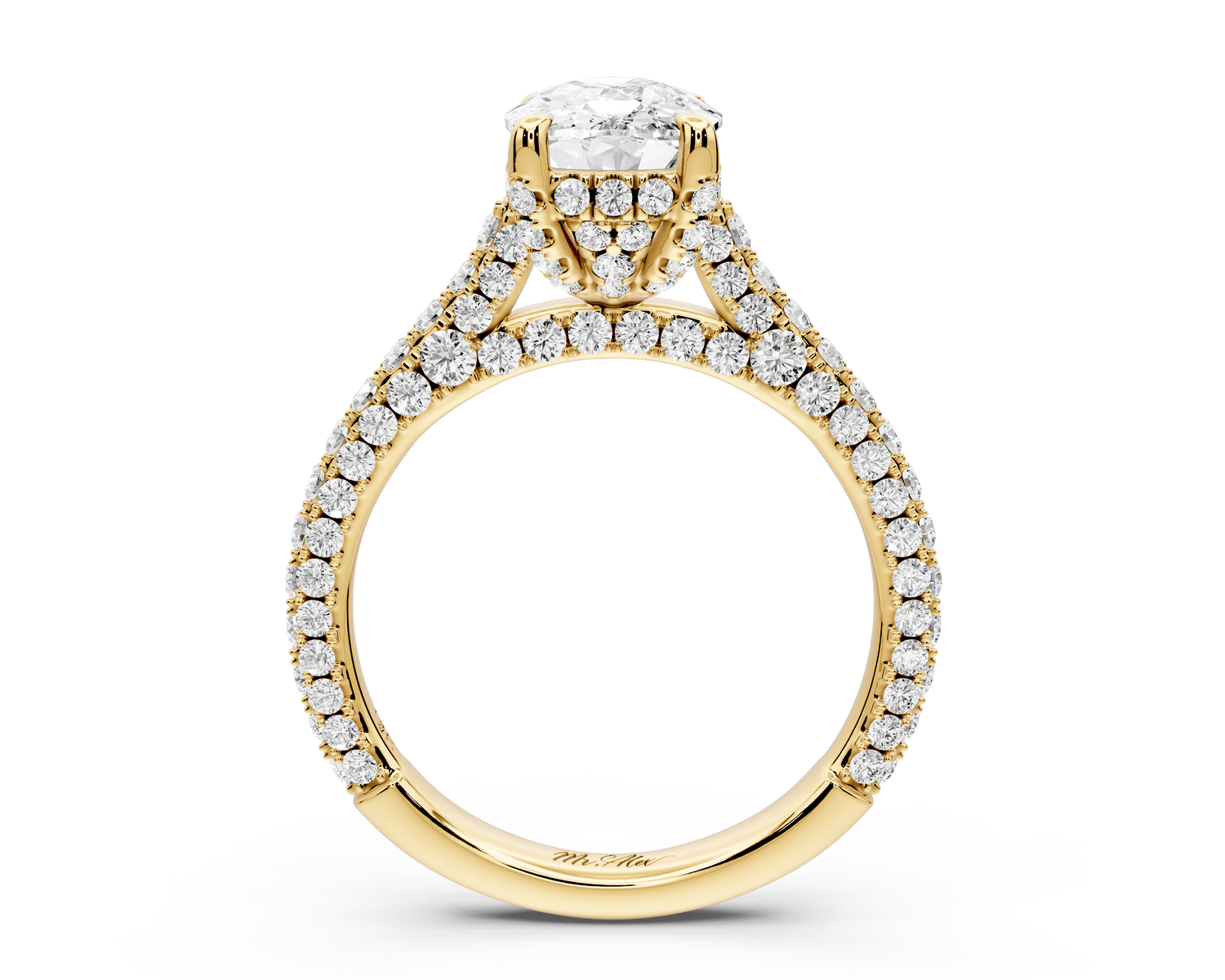 Bianca - 2ct 14k yellow gold ecushion Diamond hidden halo with a diamond crown and bridge rollover pave cathedral engagement ring - Mr. Alex Jewelry
