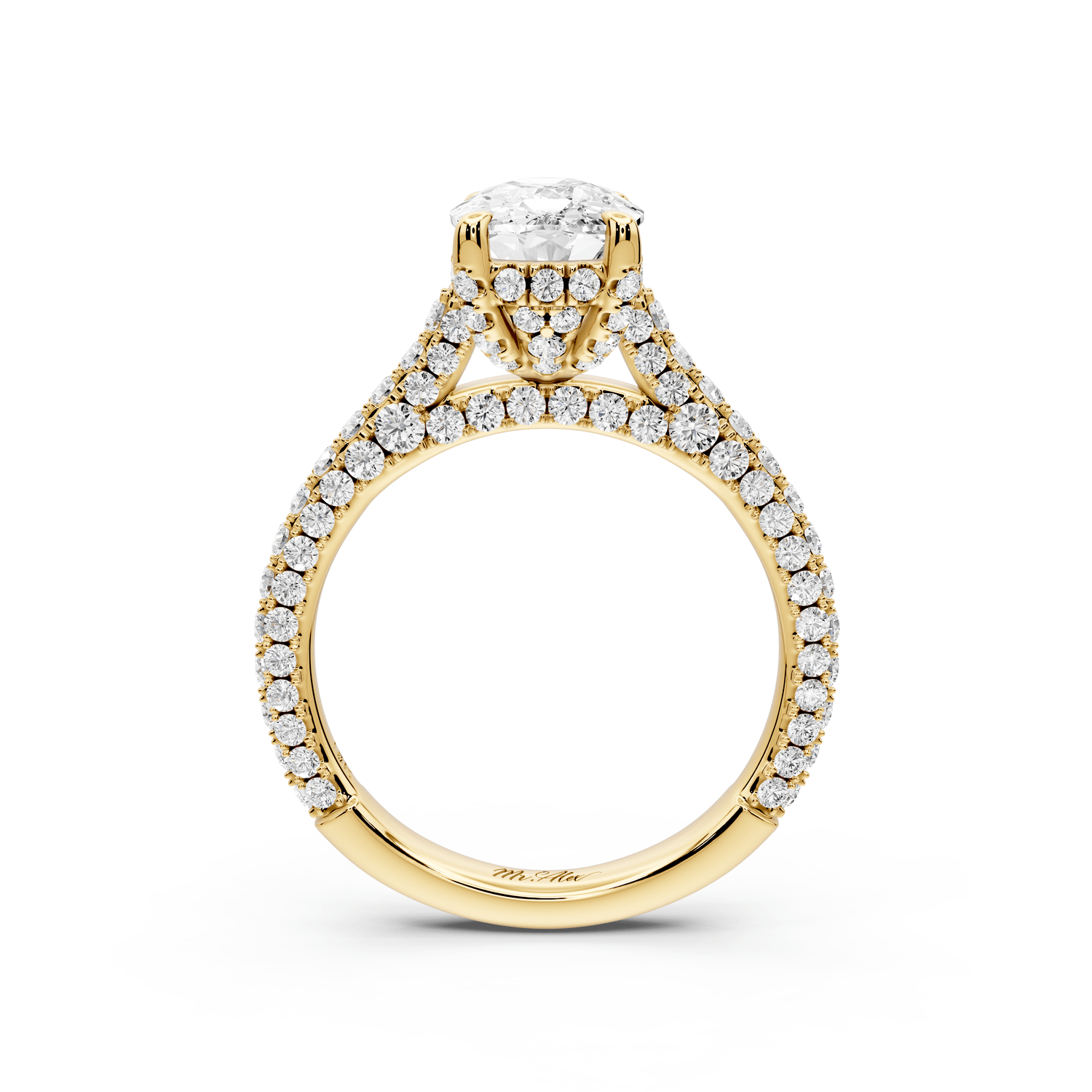 Bianca - 2ct 14k yellow gold ecushion Diamond hidden halo with a diamond crown and bridge rollover pave cathedral engagement ring - Mr. Alex Jewelry