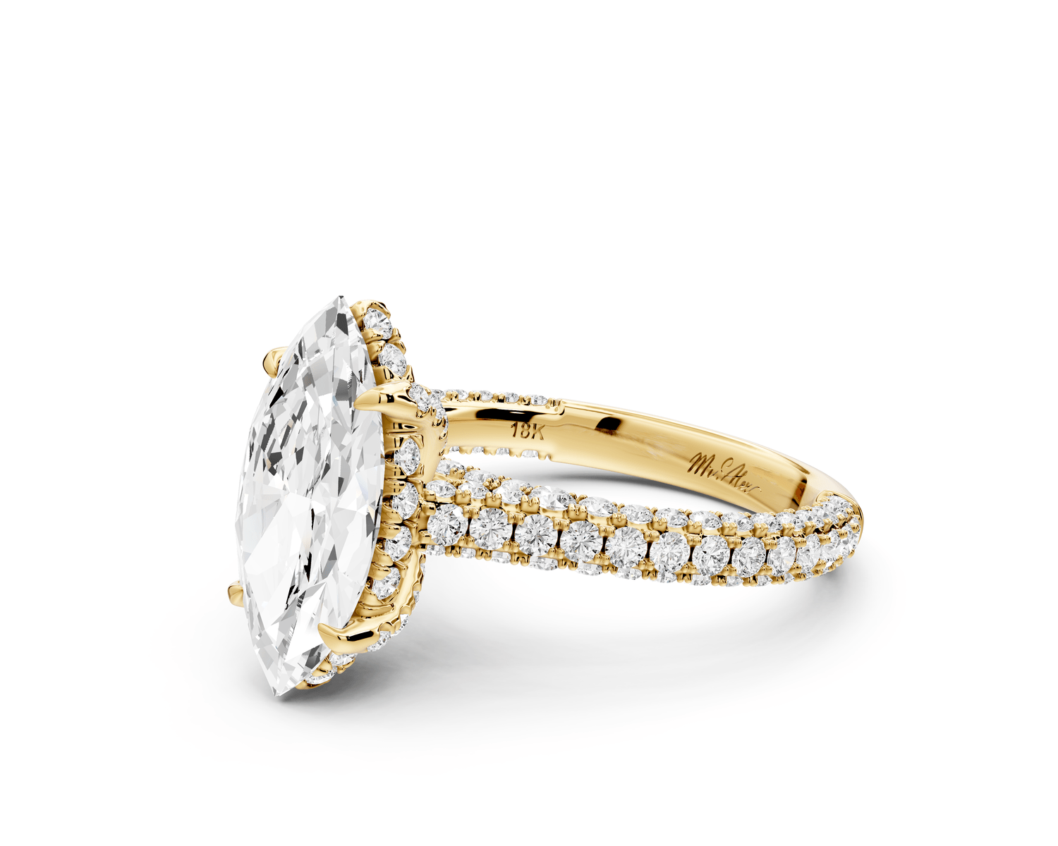 Bianca - 2ct 14k yellow gold marquise Diamond hidden halo with a diamond crown and bridge rollover pave cathedral engagement ring - Mr. Alex Jewelry