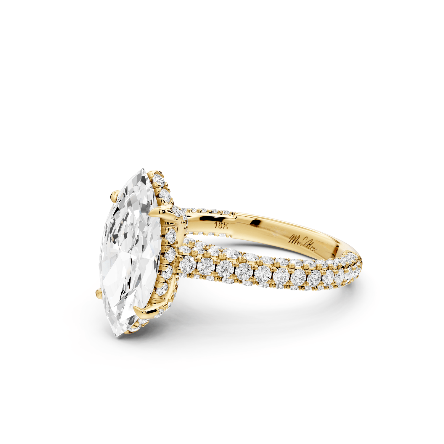 Bianca - 2ct 14k yellow gold marquise Diamond hidden halo with a diamond crown and bridge rollover pave cathedral engagement ring - Mr. Alex Jewelry