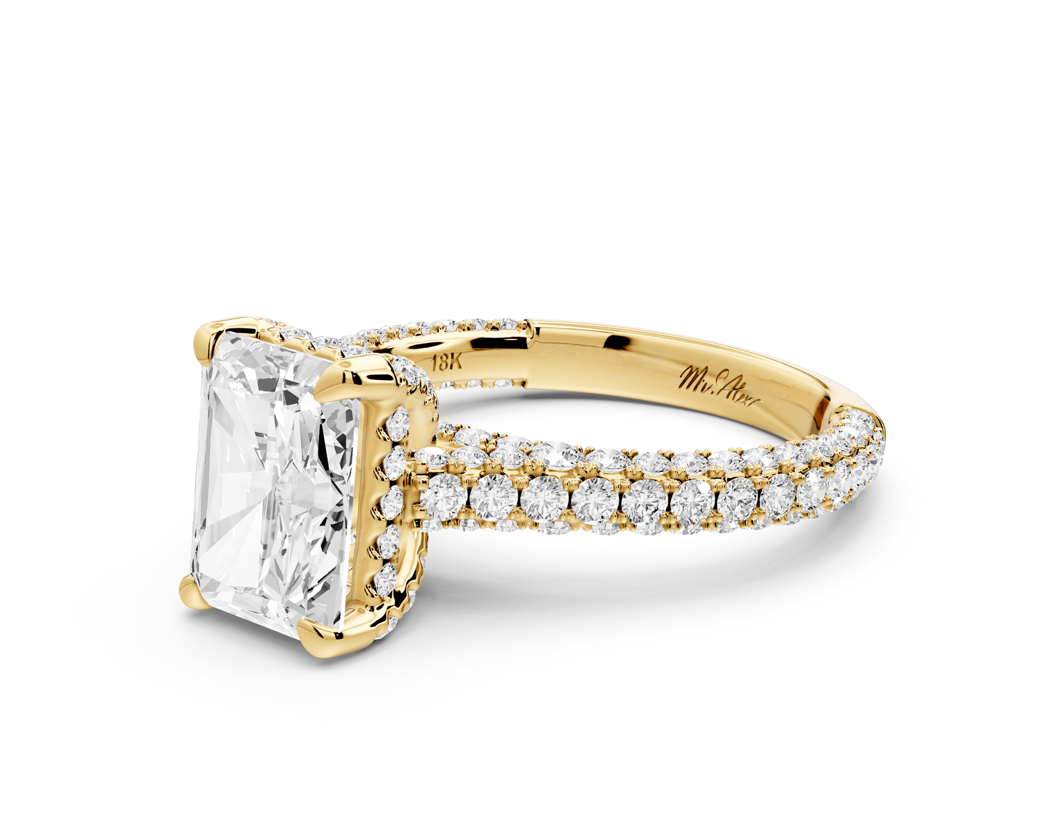 Bianca - 2ct 14k yellow gold radiant Diamond hidden halo with a diamond crown and bridge rollover pave cathedral engagement ring - Mr. Alex Jewelry
