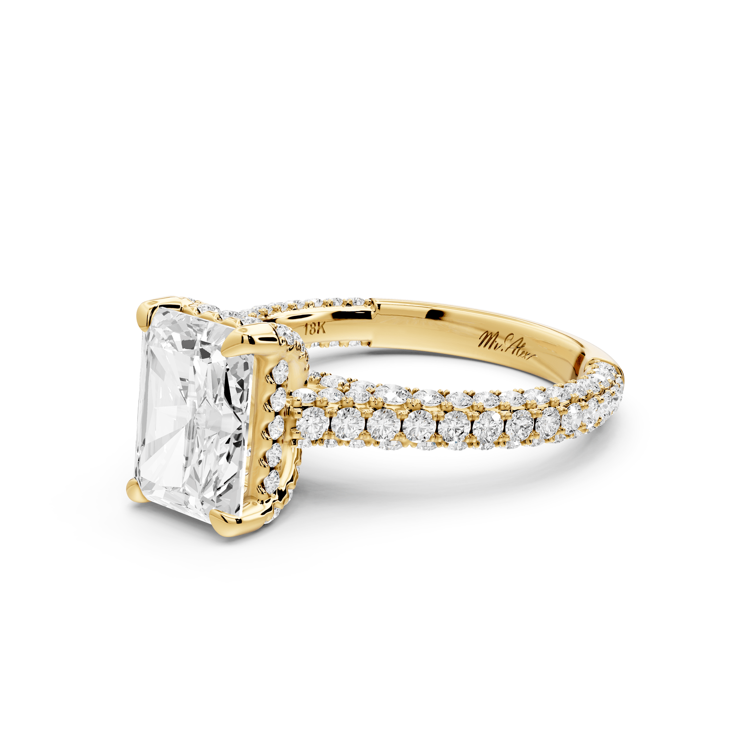 Bianca - 2ct 14k yellow gold radiant Diamond hidden halo with a diamond crown and bridge rollover pave cathedral engagement ring - Mr. Alex Jewelry