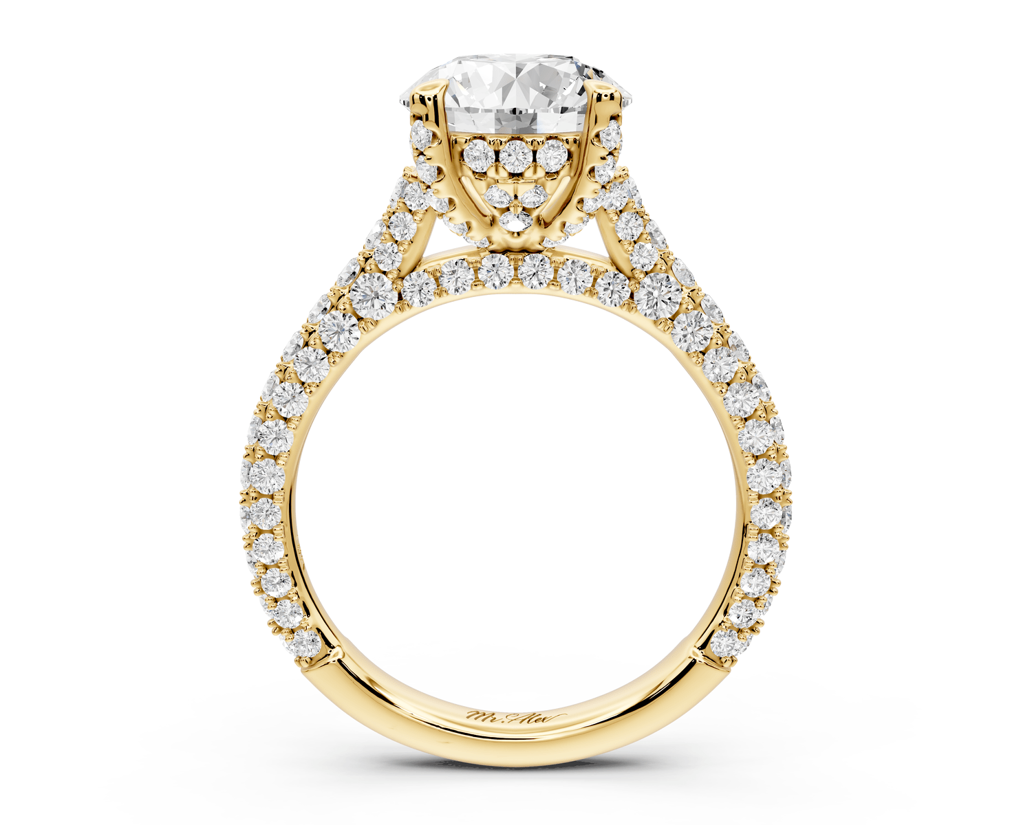 Bianca - 2ct 14k yellow gold round Diamond hidden halo with a diamond crown and bridge rollover pave cathedral engagment ring - Mr. Alex Jewelry