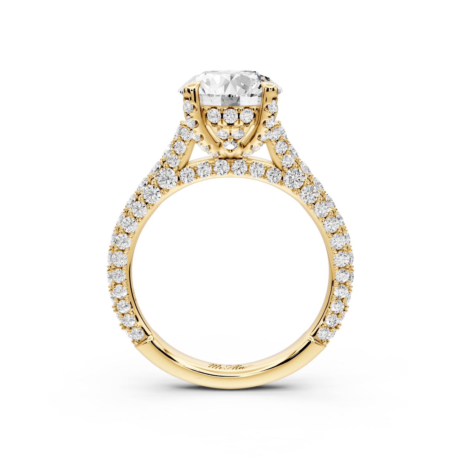 Bianca - 2ct 14k yellow gold round Diamond hidden halo with a diamond crown and bridge rollover pave cathedral engagment ring - Mr. Alex Jewelry