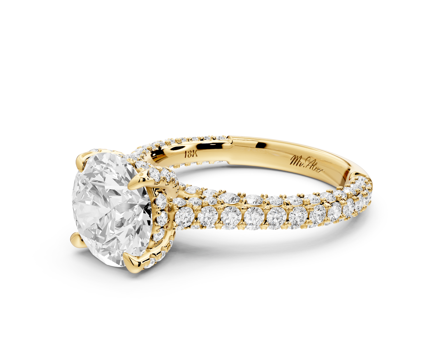 Bianca - 2ct 14k yellow gold round Diamond hidden halo with a diamond crown and bridge rollover pave cathedral engagment ring - Mr. Alex Jewelry