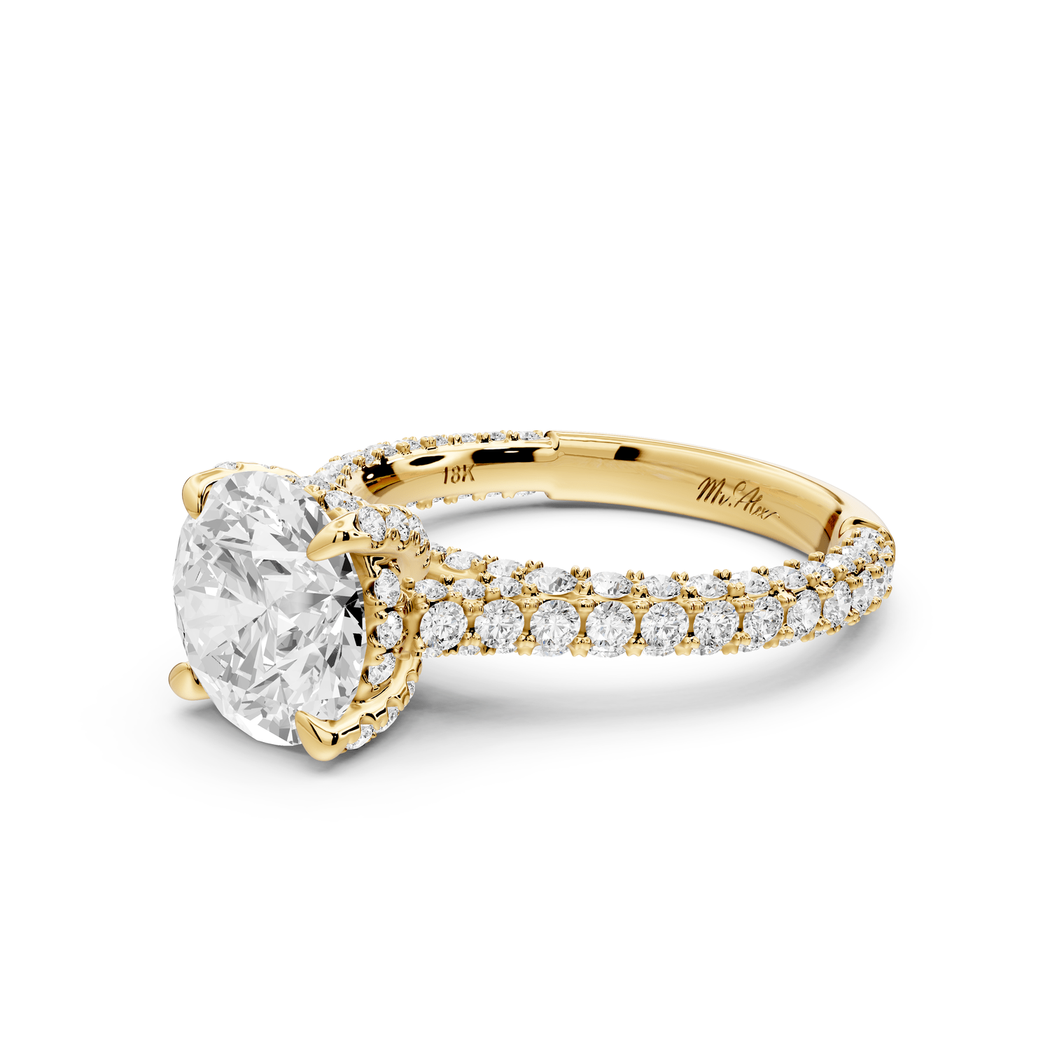 Bianca - 2ct 14k yellow gold round Diamond hidden halo with a diamond crown and bridge rollover pave cathedral engagment ring - Mr. Alex Jewelry