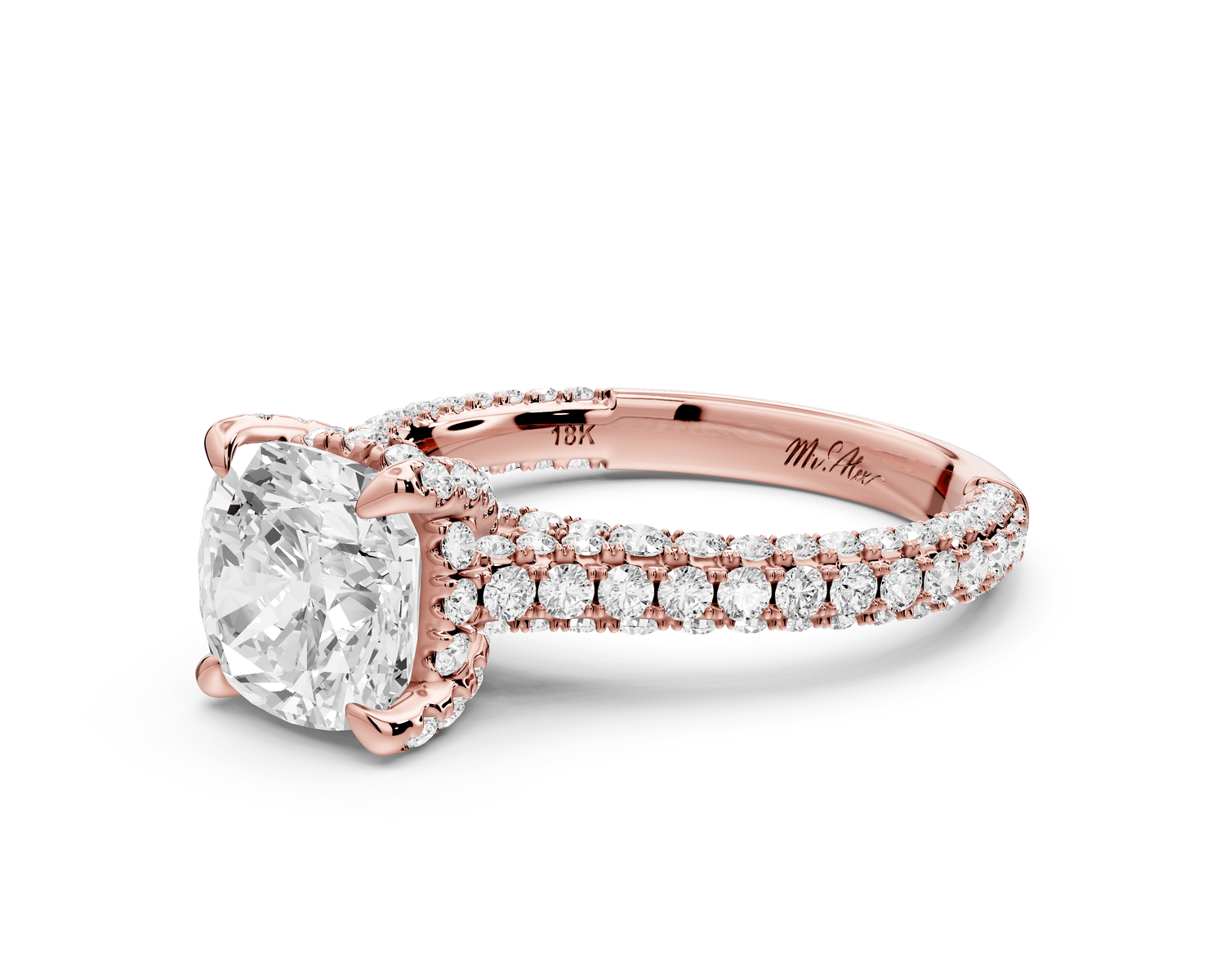 Bianca - 2ct 18k rose gold cushion Diamond hidden halo with a diamond crown and bridge rollover pave cathedral engagement ring - Mr. Alex Jewelry