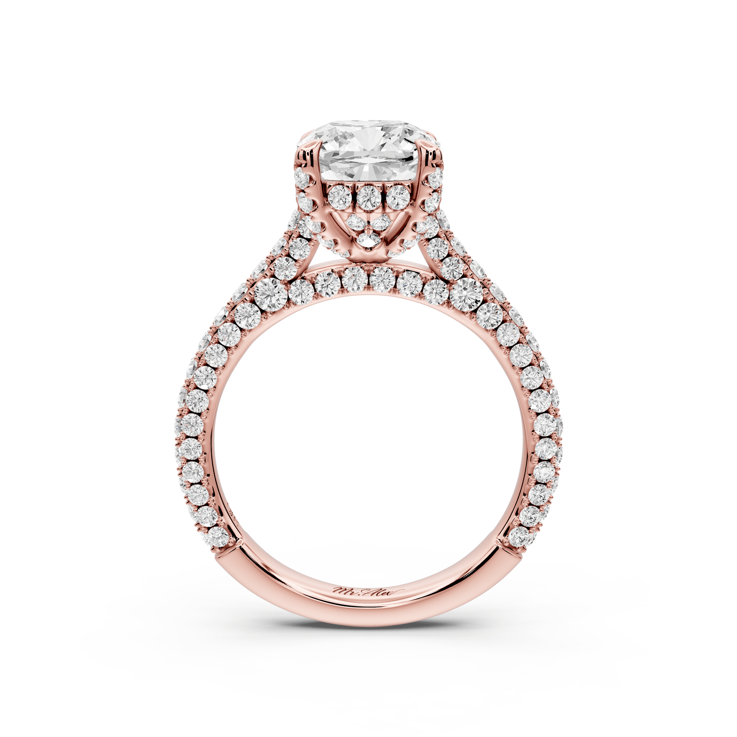 Bianca - 2ct 18k rose gold cushion Diamond hidden halo with a diamond crown and bridge rollover pave cathedral engagement ring - Mr. Alex Jewelry