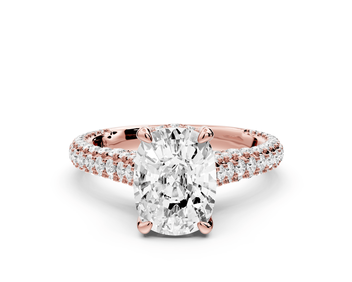 Bianca - 2ct 18k rose gold ecushion Diamond hidden halo with a diamond crown and bridge rollover pave cathedral engagement ring - Mr. Alex Jewelry