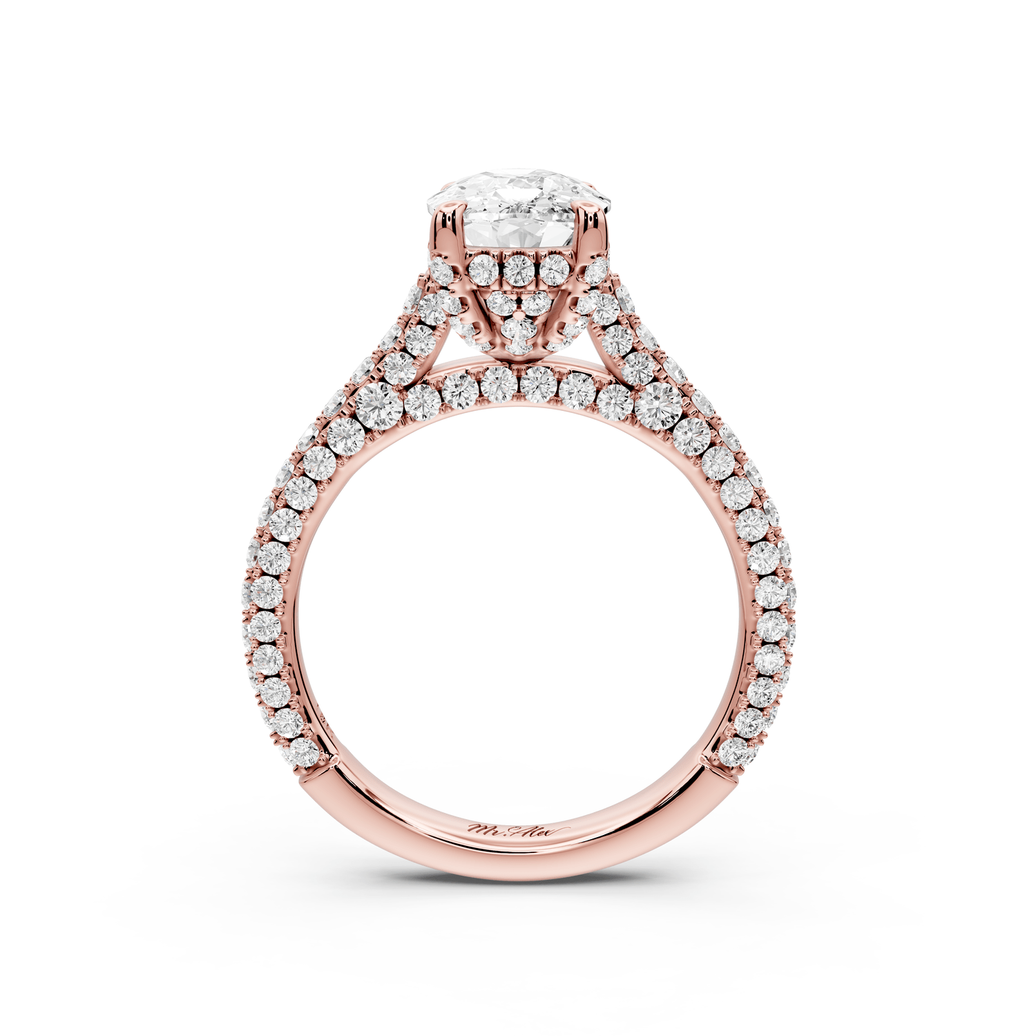 Bianca - 2ct 18k rose gold ecushion Diamond hidden halo with a diamond crown and bridge rollover pave cathedral engagement ring - Mr. Alex Jewelry