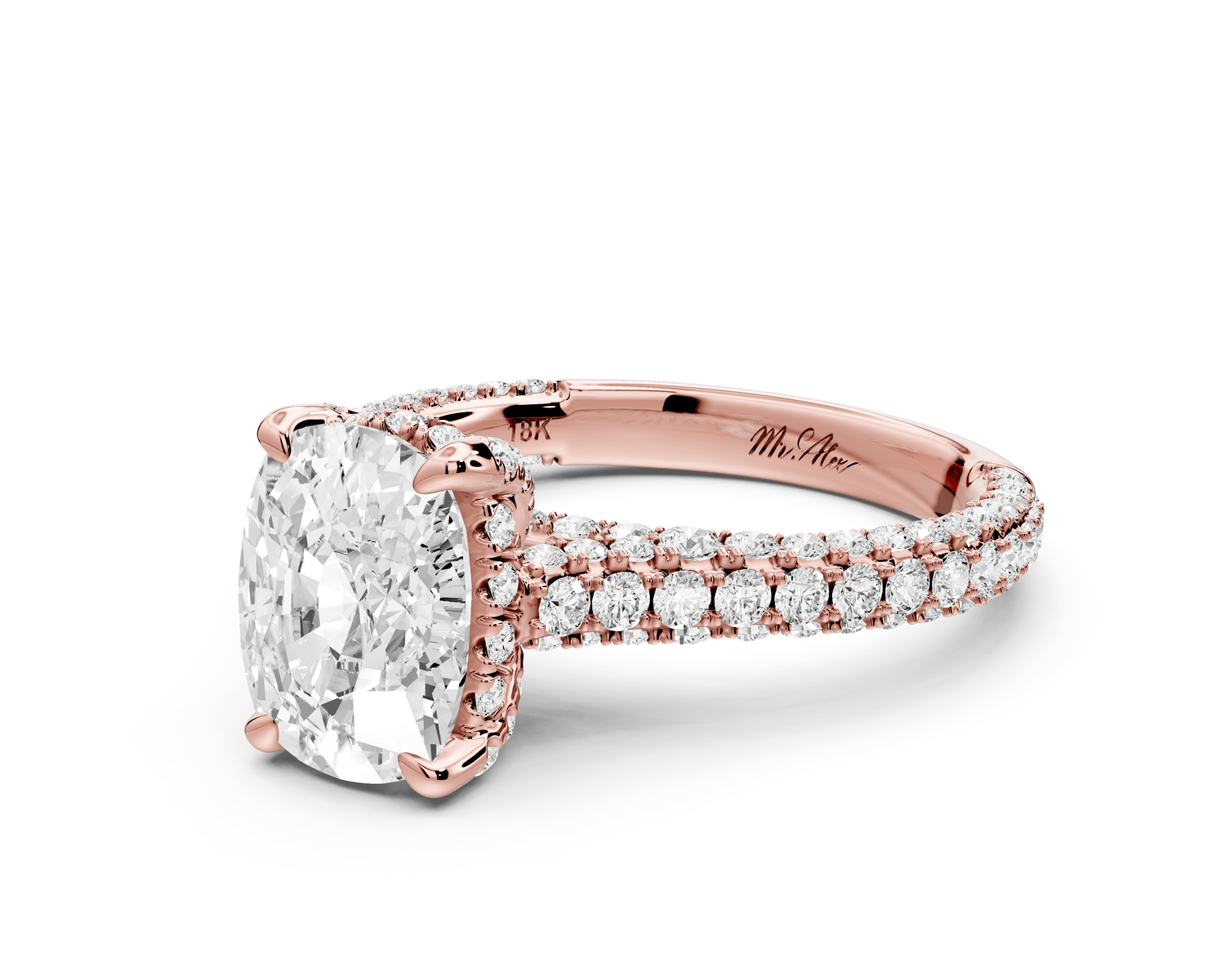 Bianca - 2ct 18k rose gold ecushion Diamond hidden halo with a diamond crown and bridge rollover pave cathedral engagement ring - Mr. Alex Jewelry