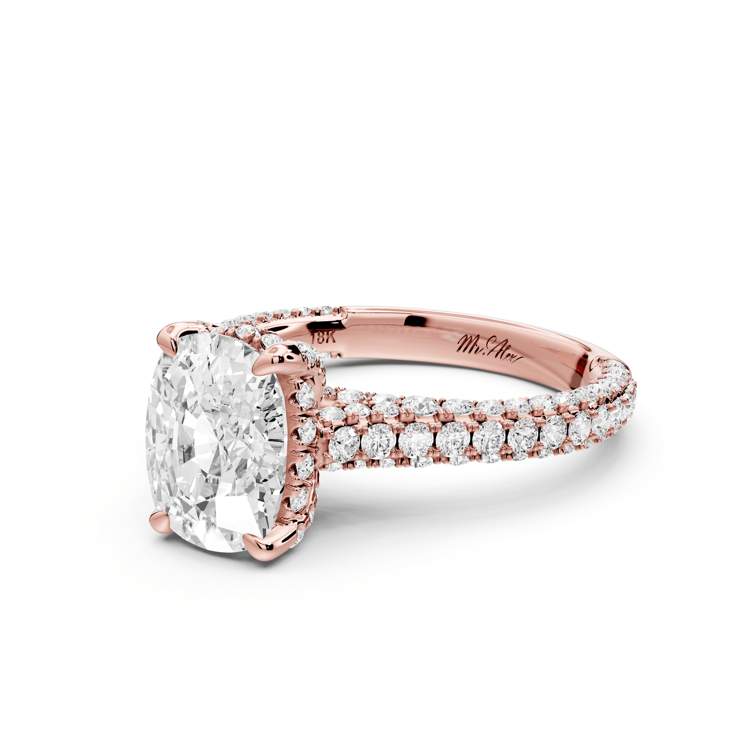 Bianca - 2ct 18k rose gold ecushion Diamond hidden halo with a diamond crown and bridge rollover pave cathedral engagement ring - Mr. Alex Jewelry