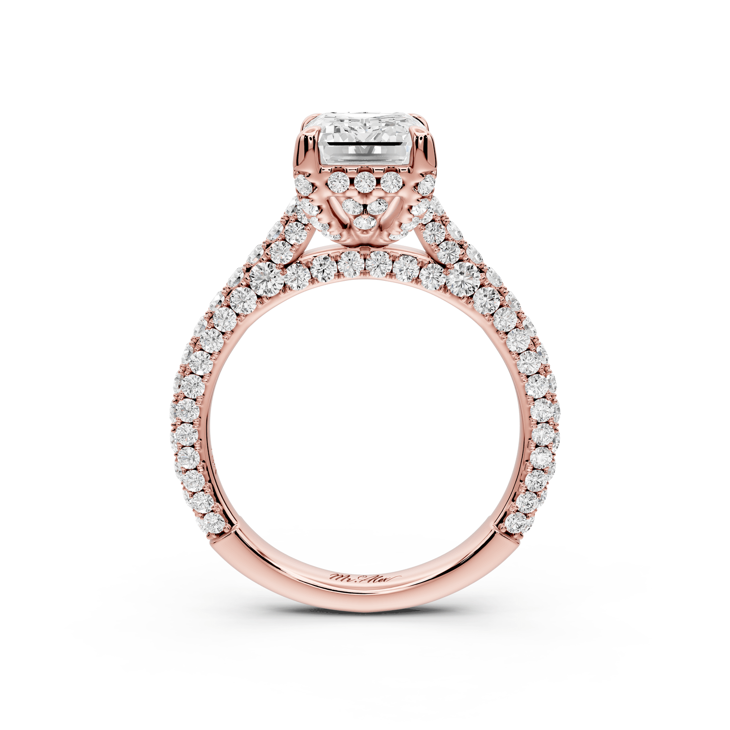Bianca - 2ct 18k rose gold emerald Diamond hidden halo with a diamond crown and bridge rollover pave cathedral Engagement ring - Mr. Alex Jewelry