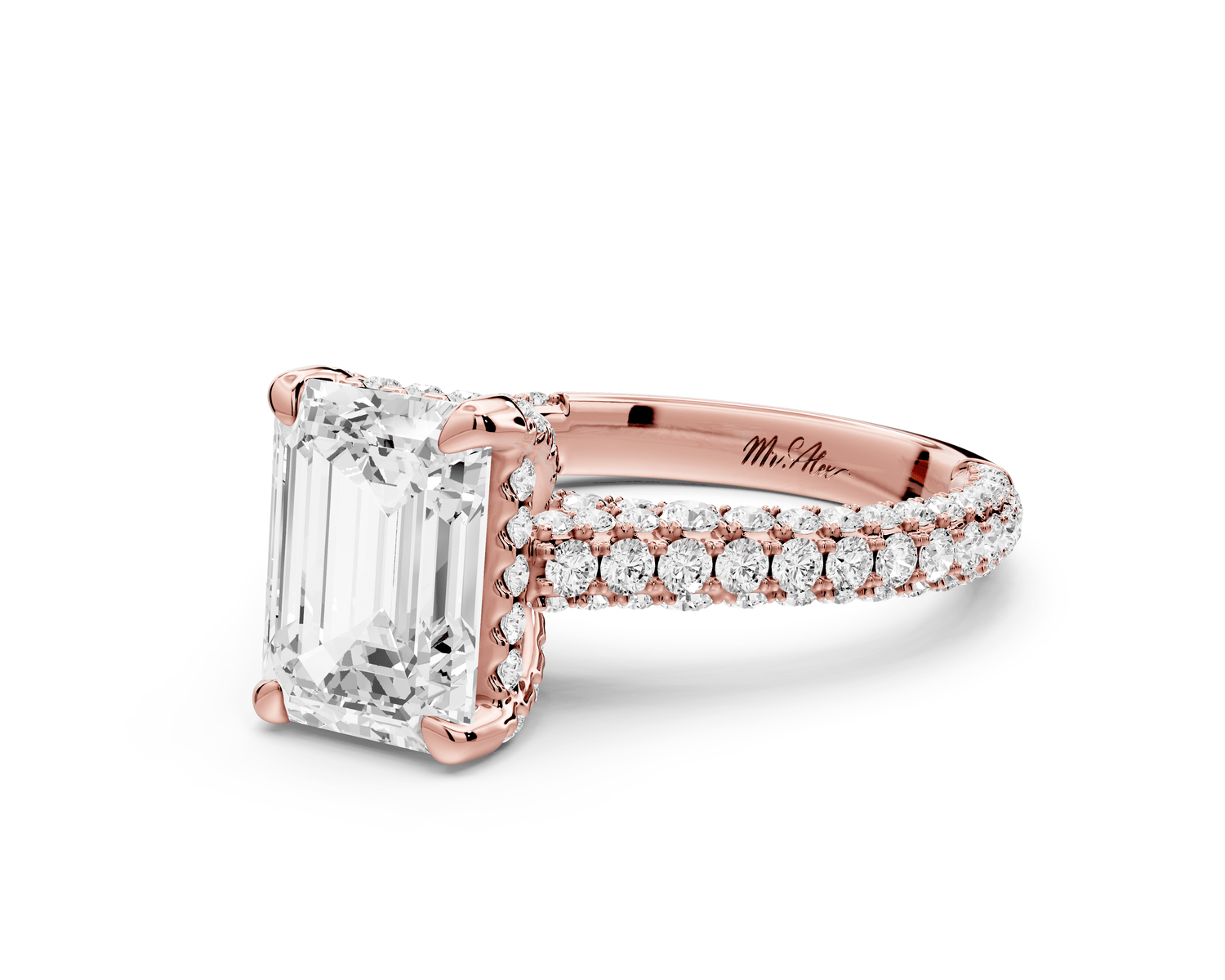 Bianca - 2ct 18k rose gold emerald Diamond hidden halo with a diamond crown and bridge rollover pave cathedral Engagement ring - Mr. Alex Jewelry