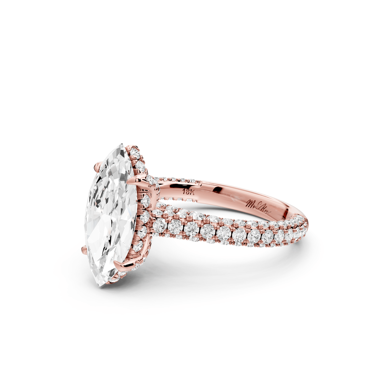 Bianca - 2ct 18k rose gold marquise Diamond hidden halo with a diamond crown and bridge rollover pave cathedral engagement ring - Mr. Alex Jewelry