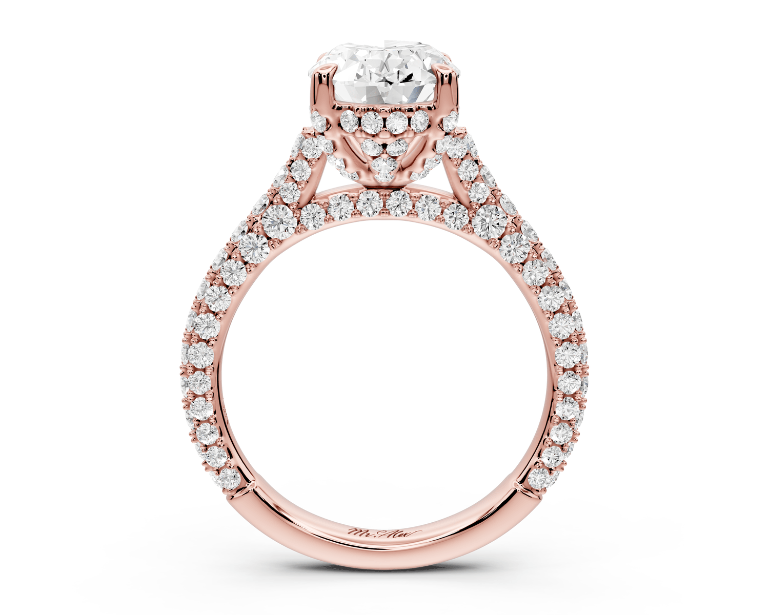 Bianca - 2ct 18k rose gold oval Diamond hidden halo with a diamond crown and bridge rollover pave cathedral Engagement ring - Mr. Alex Jewelry
