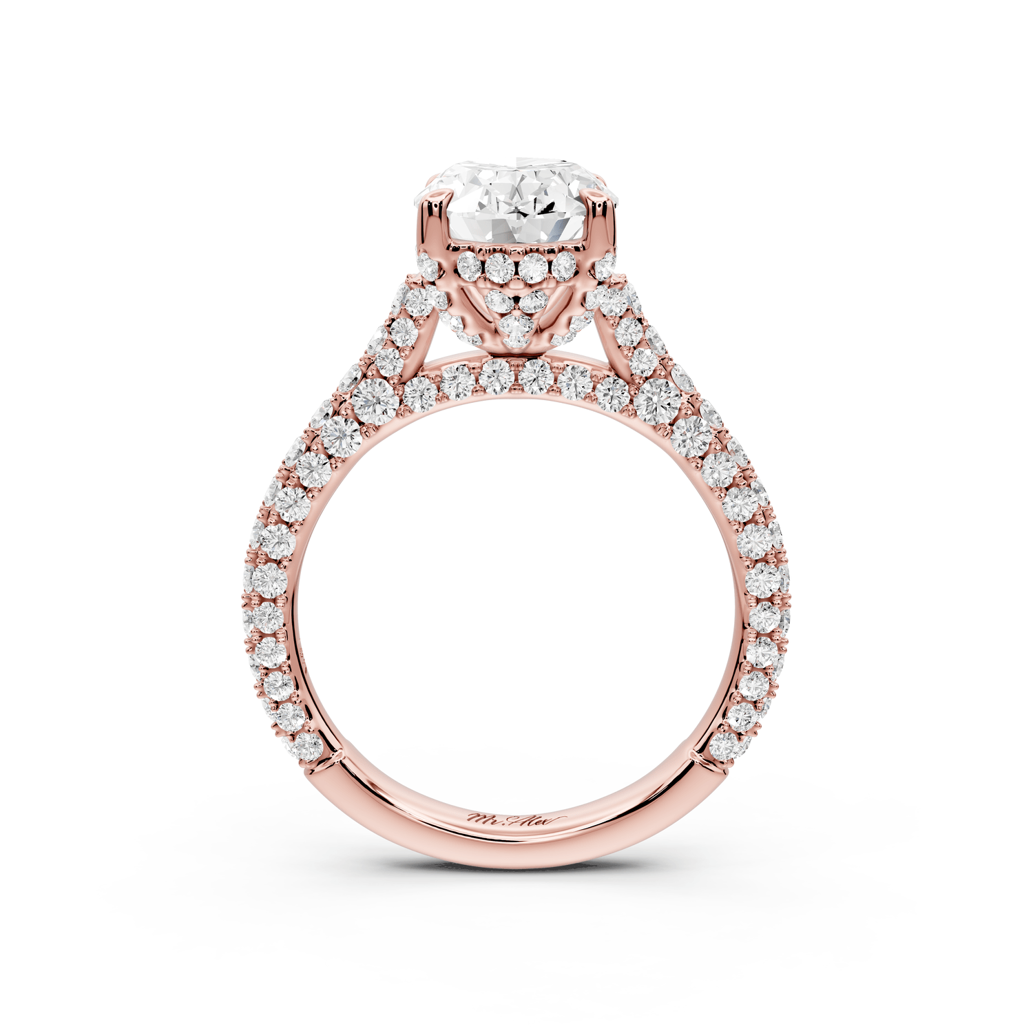 Bianca - 2ct 18k rose gold oval Diamond hidden halo with a diamond crown and bridge rollover pave cathedral Engagement ring - Mr. Alex Jewelry