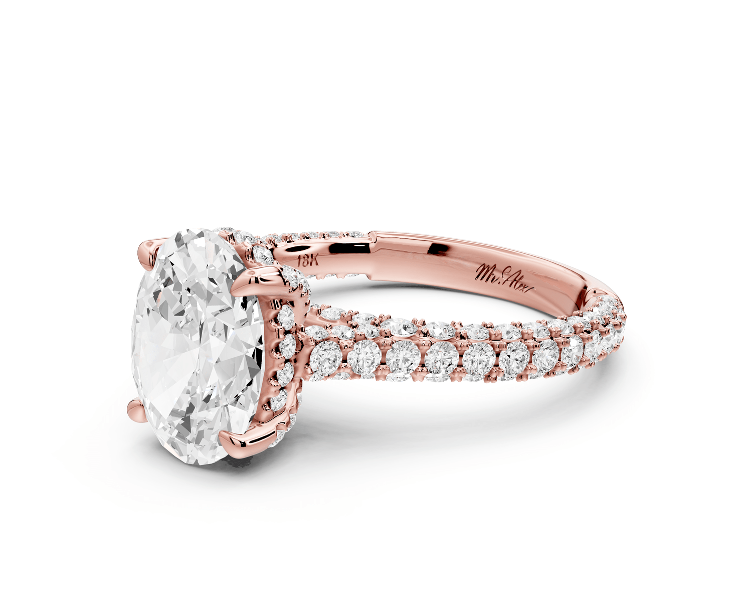 Bianca - 2ct 18k rose gold oval Diamond hidden halo with a diamond crown and bridge rollover pave cathedral Engagement ring - Mr. Alex Jewelry