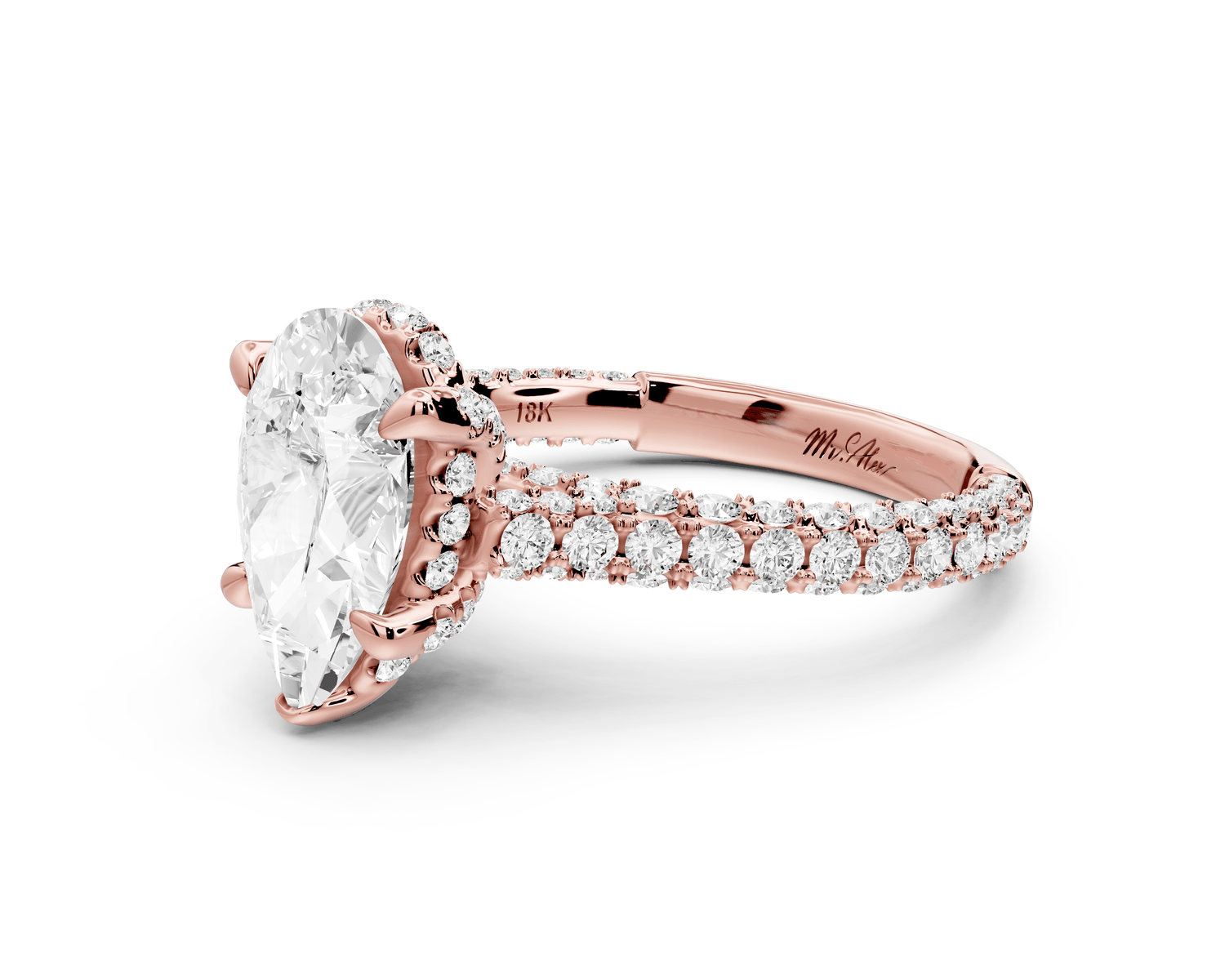 Bianca - 2ct 18k rose gold pear Diamond hidden halo with a diamond crown and bridge rollover pave cathedral Engagement ring - Mr. Alex Jewelry