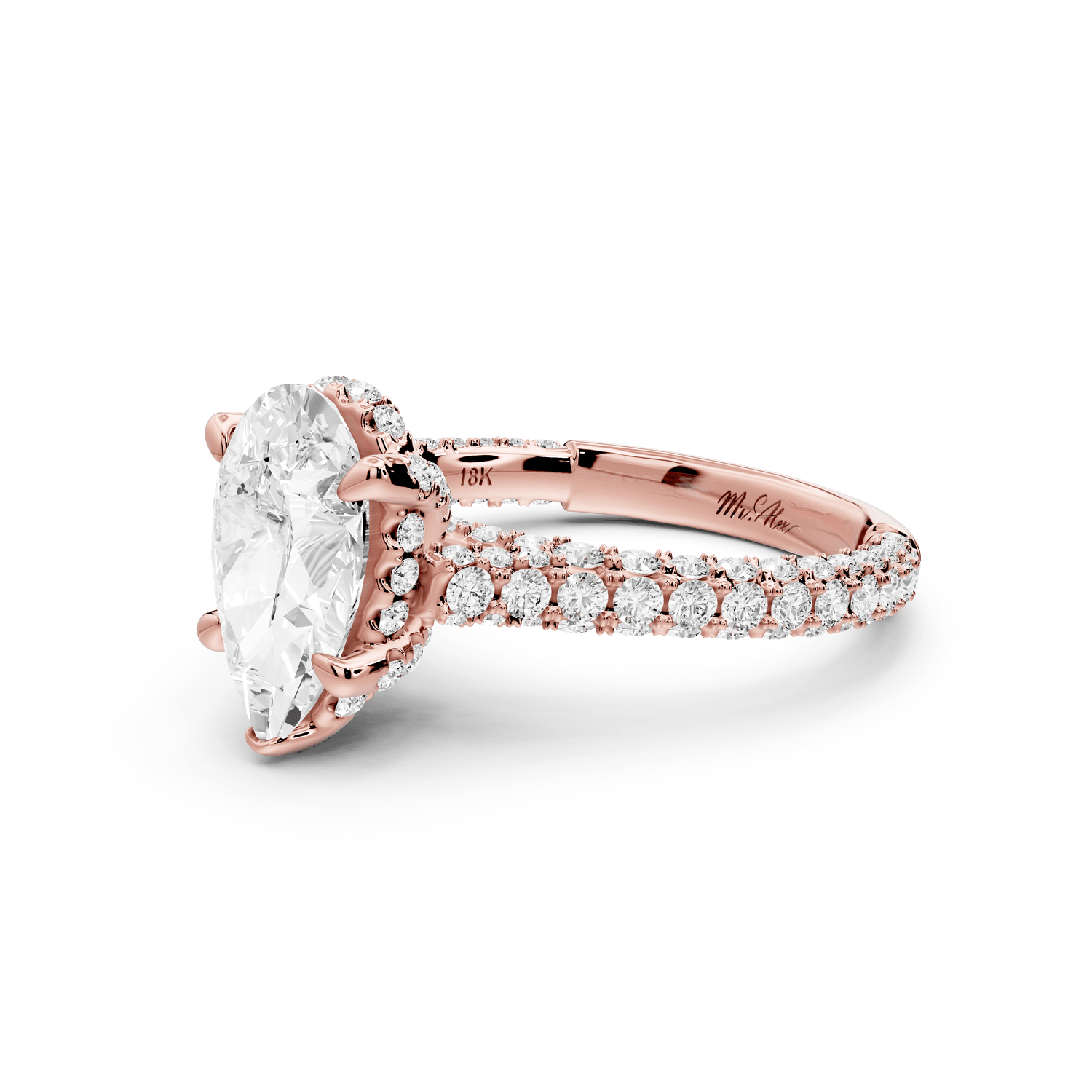 Bianca - 2ct 18k rose gold pear Diamond hidden halo with a diamond crown and bridge rollover pave cathedral Engagement ring - Mr. Alex Jewelry