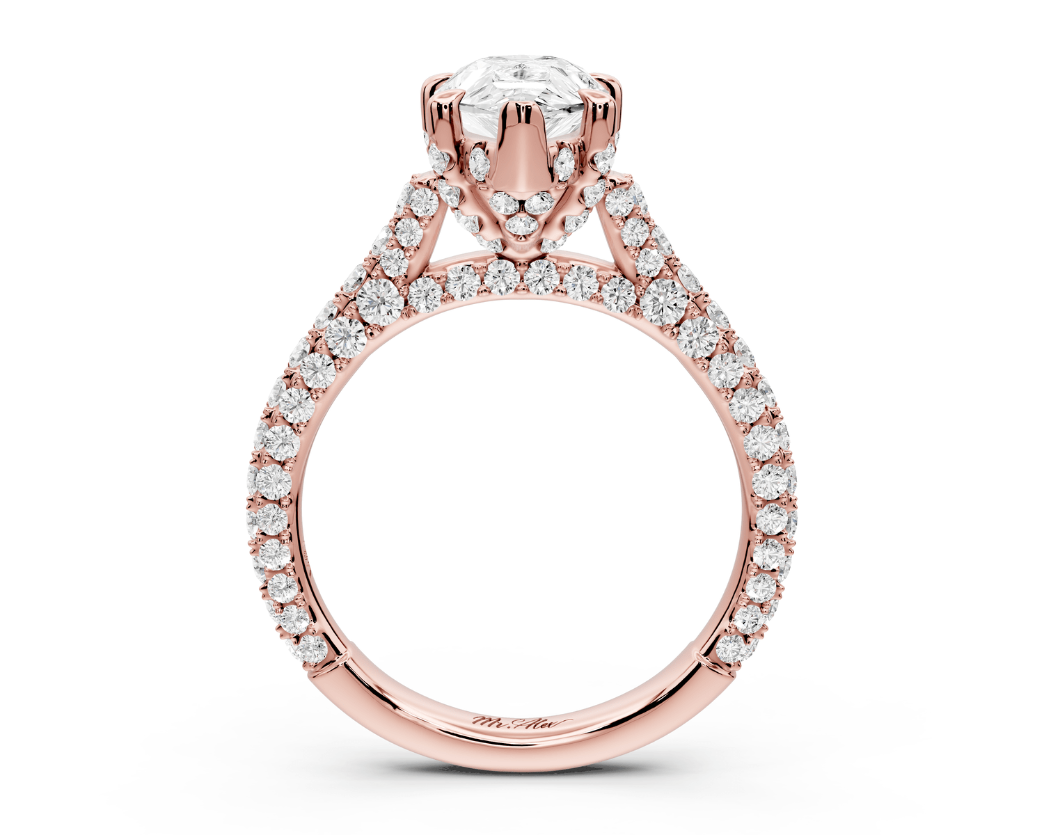 Bianca - 2ct 18k rose gold pear Diamond hidden halo with a diamond crown and bridge rollover pave cathedral Engagement ring - Mr. Alex Jewelry