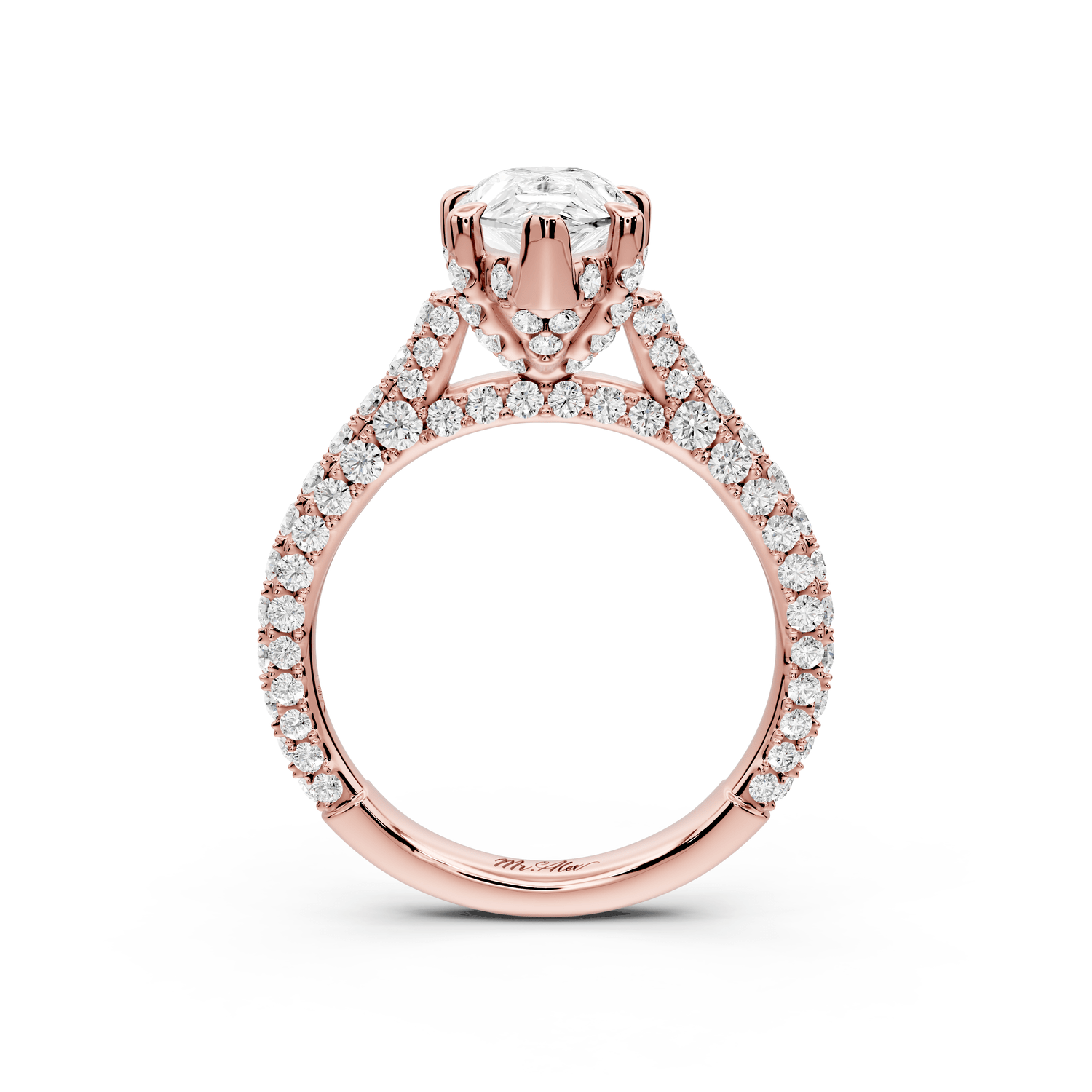 Bianca - 2ct 18k rose gold pear Diamond hidden halo with a diamond crown and bridge rollover pave cathedral Engagement ring - Mr. Alex Jewelry