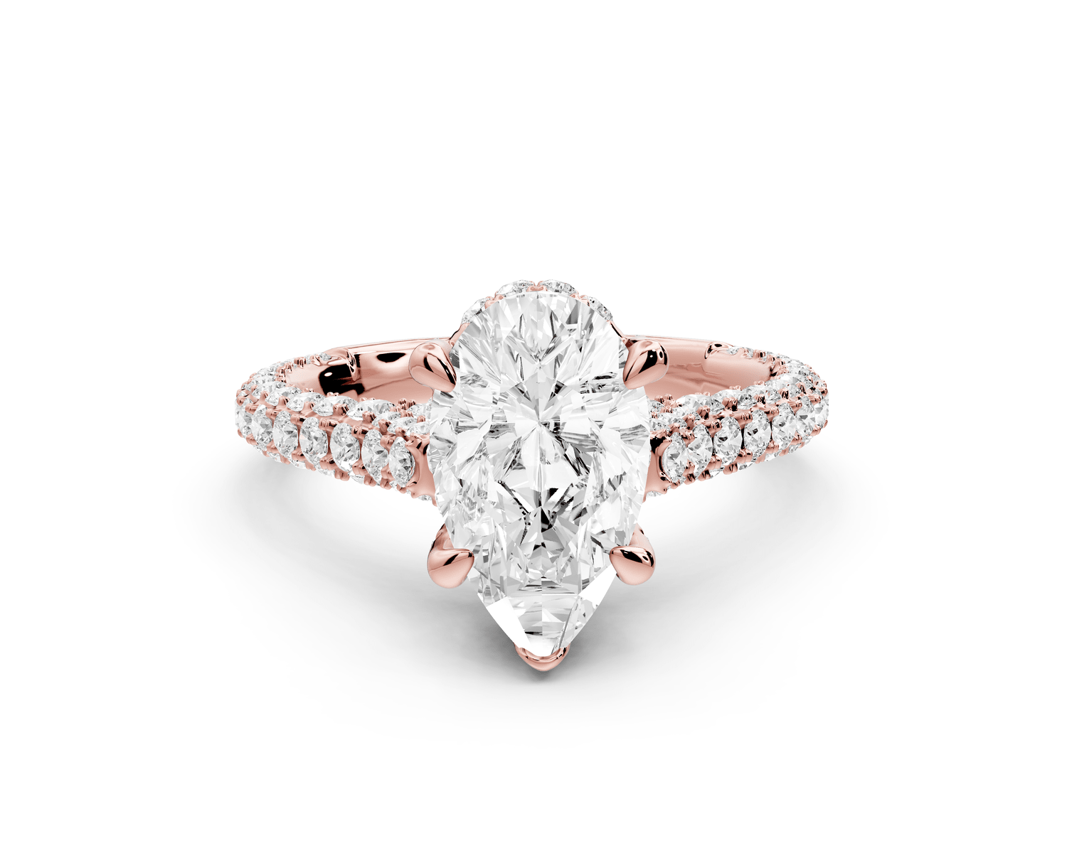 Bianca - 2ct 18k rose gold pear Diamond hidden halo with a diamond crown and bridge rollover pave cathedral Engagement ring - Mr. Alex Jewelry