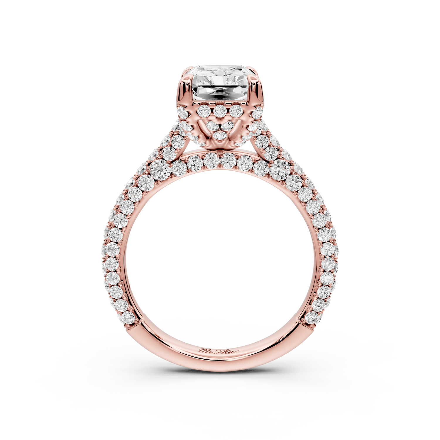 Bianca - 2ct 18k rose gold radiant Diamond hidden halo with a diamond crown and bridge rollover pave cathedral engagement ring - Mr. Alex Jewelry
