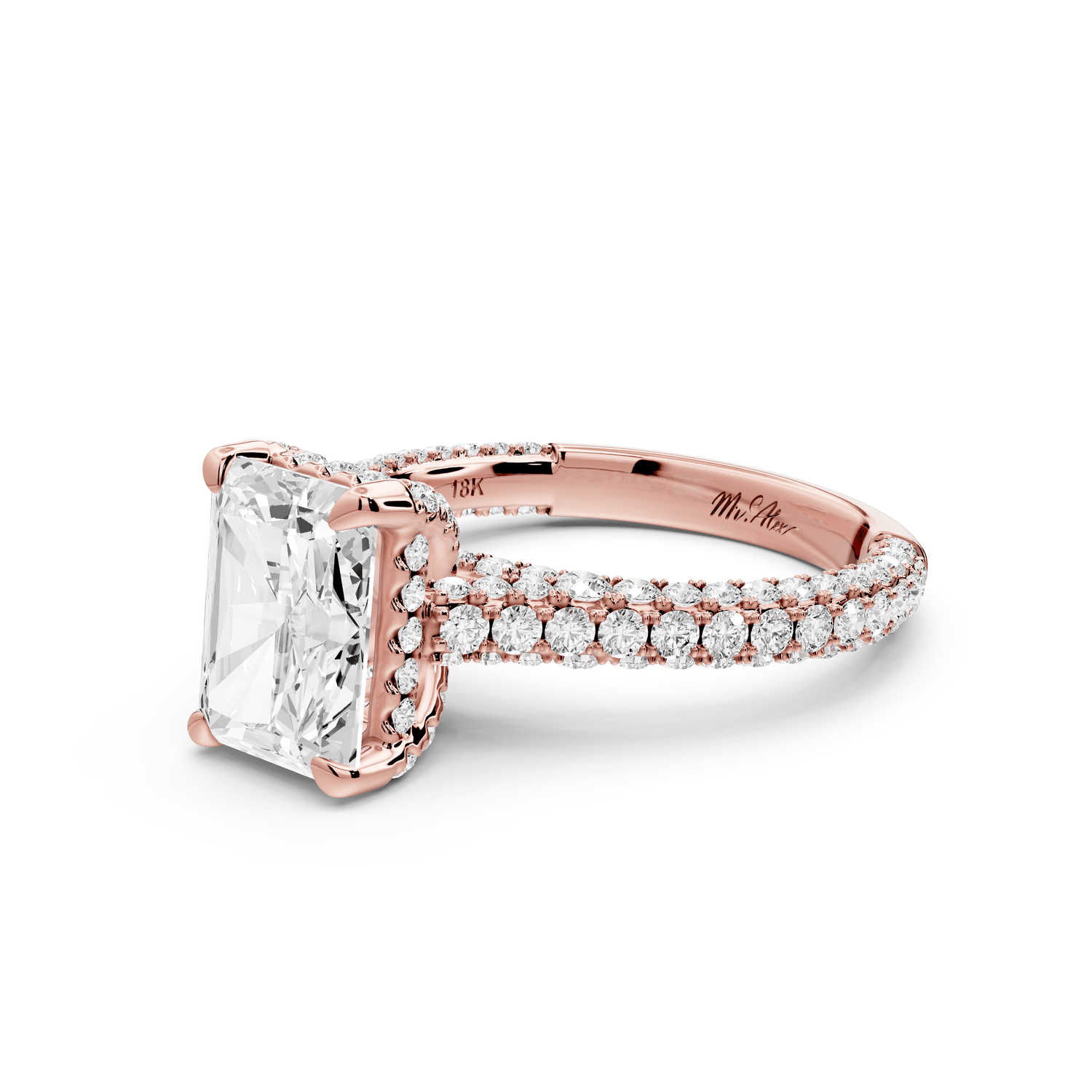 Bianca - 2ct 18k rose gold radiant Diamond hidden halo with a diamond crown and bridge rollover pave cathedral engagement ring - Mr. Alex Jewelry