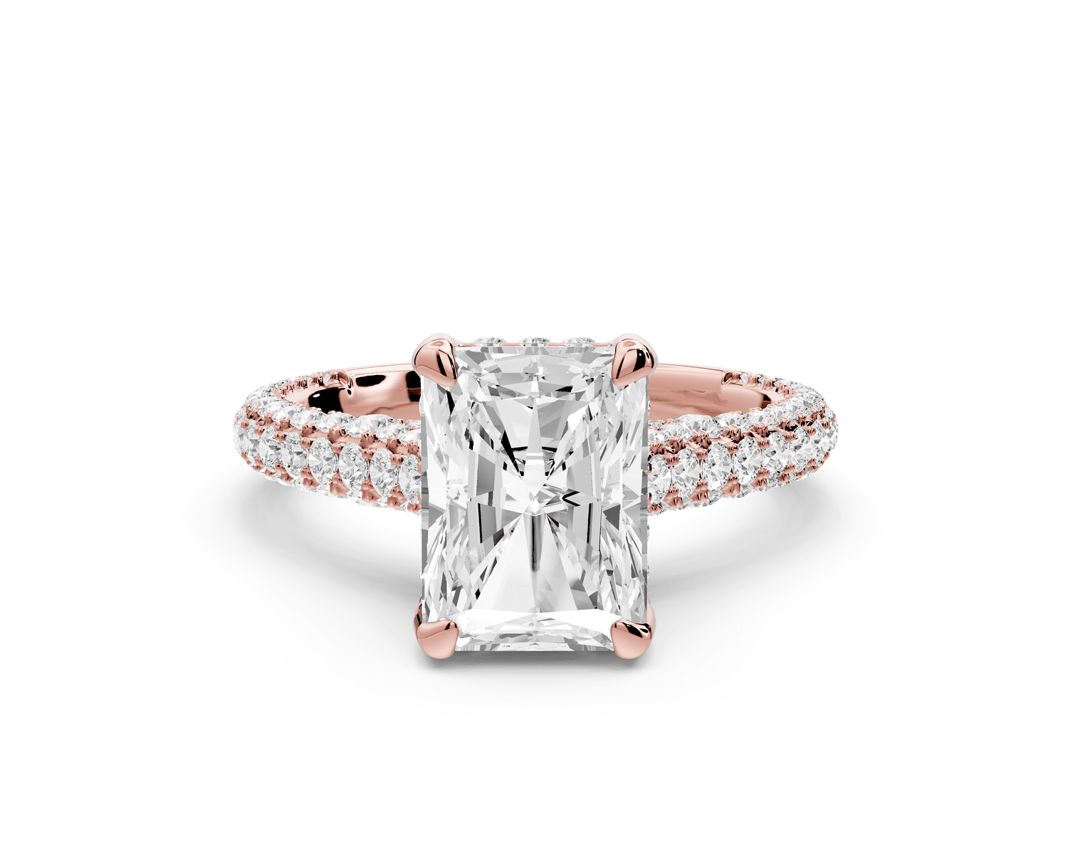 Bianca - 2ct 18k rose gold radiant Diamond hidden halo with a diamond crown and bridge rollover pave cathedral engagement ring - Mr. Alex Jewelry