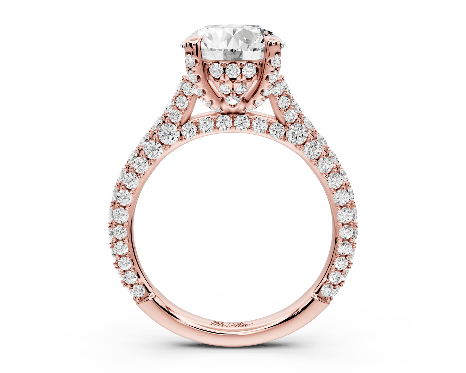 Bianca - 2ct 18k rose gold round Diamond hidden halo with a diamond crown and bridge rollover pave cathedral engagment ring - Mr. Alex Jewelry