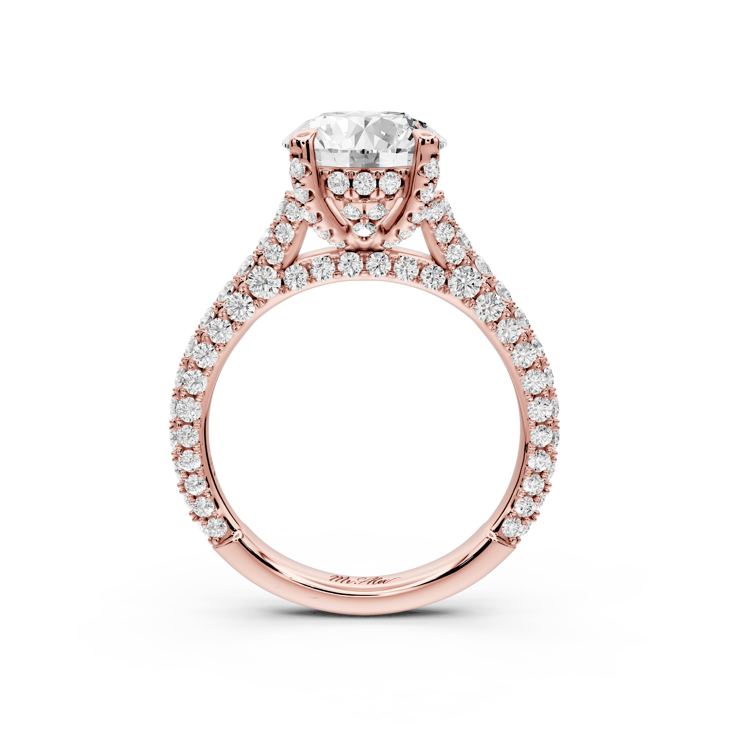 Bianca - 2ct 18k rose gold round Diamond hidden halo with a diamond crown and bridge rollover pave cathedral engagment ring - Mr. Alex Jewelry
