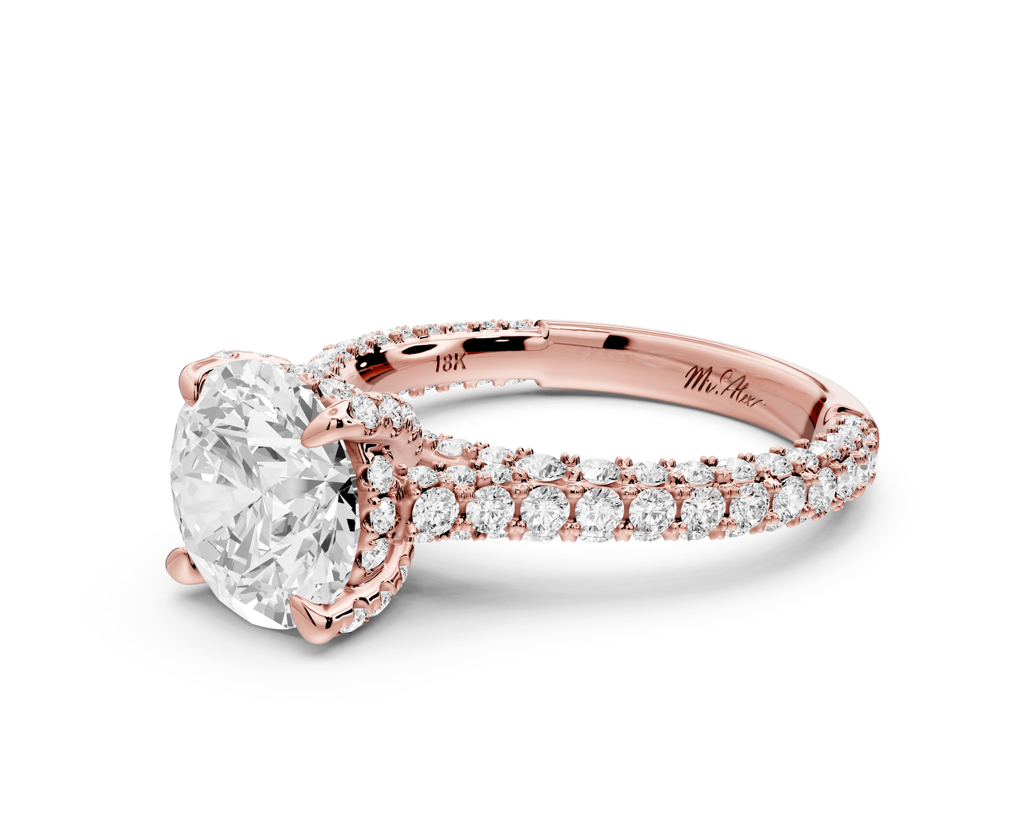 Bianca - 2ct 18k rose gold round Diamond hidden halo with a diamond crown and bridge rollover pave cathedral engagment ring - Mr. Alex Jewelry