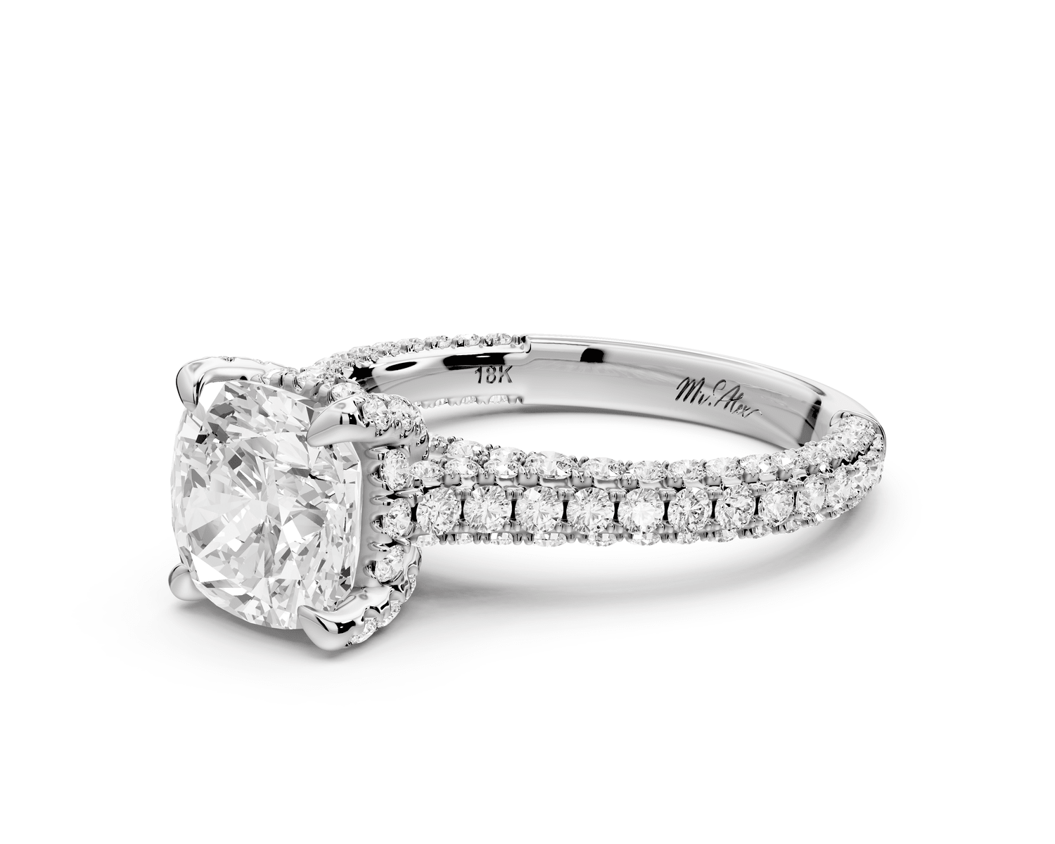 Bianca - 2ct 18k white gold cushion Diamond hidden halo with a diamond crown and bridge rollover pave cathedral engagement ring - Mr. Alex Jewelry