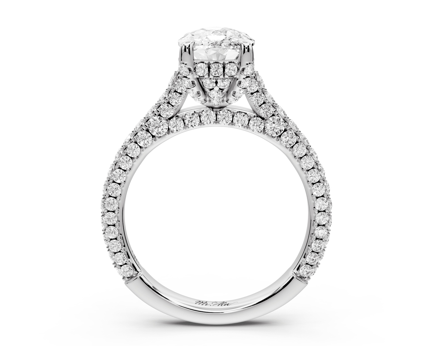 Bianca - 2ct 18k white gold ecushion Diamond hidden halo with a diamond crown and bridge rollover pave cathedral engagement ring - Mr. Alex Jewelry