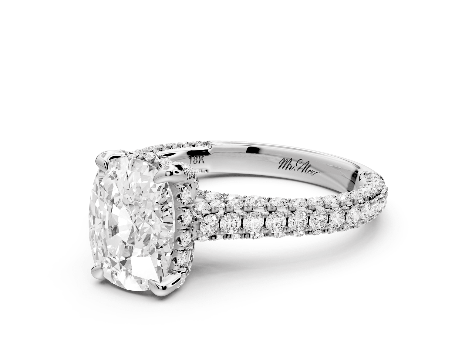 Bianca - 2ct 18k white gold ecushion Diamond hidden halo with a diamond crown and bridge rollover pave cathedral engagement ring - Mr. Alex Jewelry
