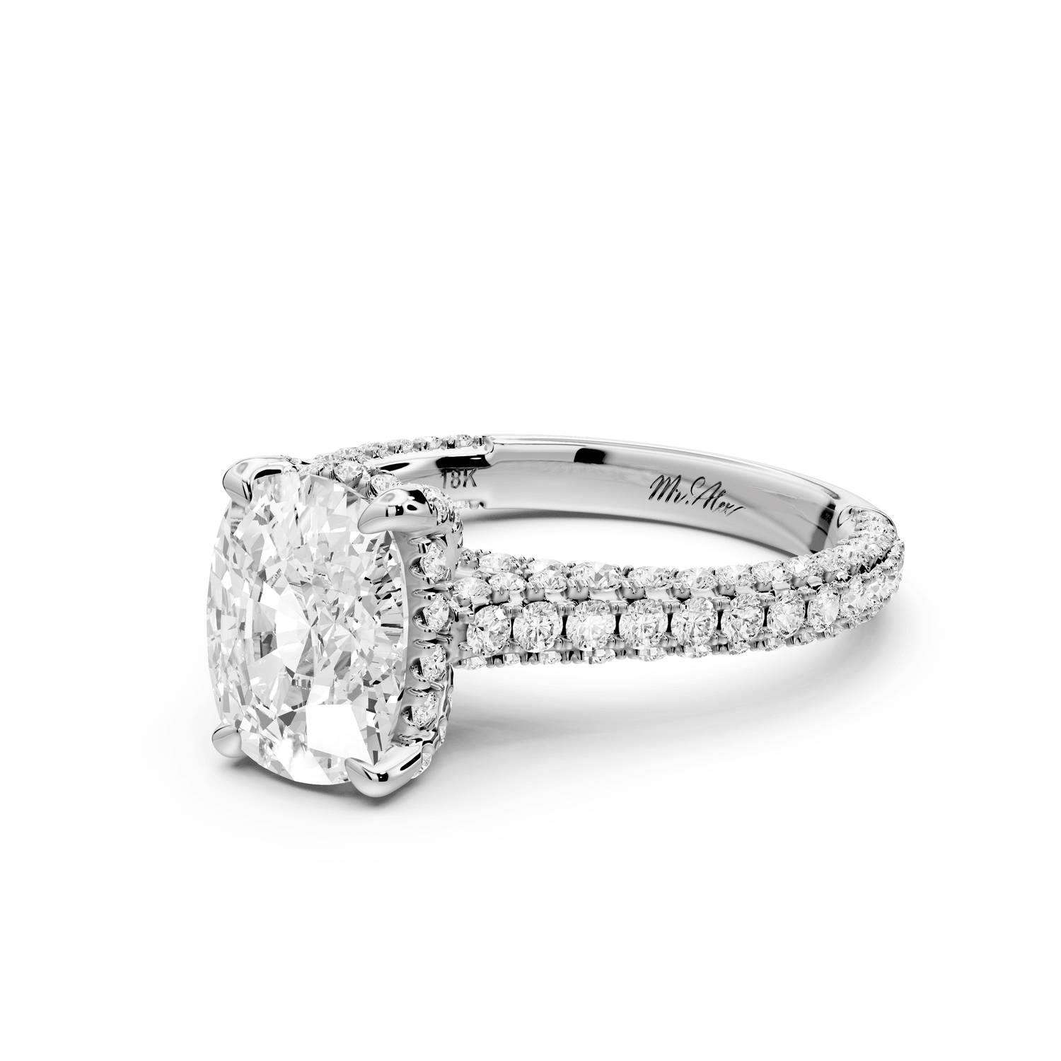 Bianca - 2ct 18k white gold ecushion Diamond hidden halo with a diamond crown and bridge rollover pave cathedral engagement ring - Mr. Alex Jewelry