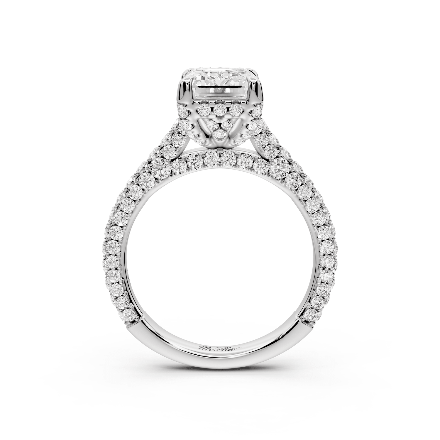 Bianca - 2ct 18k white gold emerald Diamond hidden halo with a diamond crown and bridge rollover pave cathedral Engagement ring - Mr. Alex Jewelry